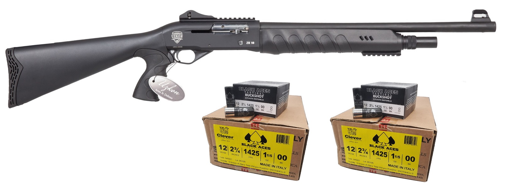 Uzkon ZK-18 Bundle, 12GA, 19.5in. Barrel, 4rd, Incl. 2 cases of Black Aces Tactical Buck shells - Black