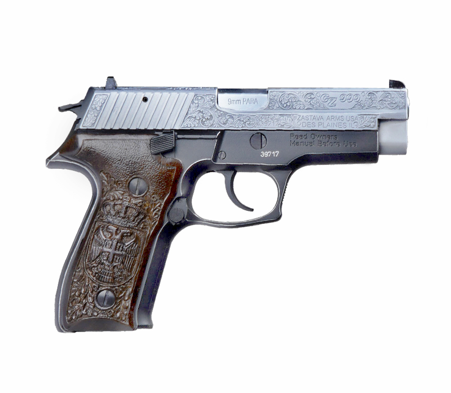Zastava CZ999 9mm 4.25in 15rd Chrome Hand Engraved Walnut Grips