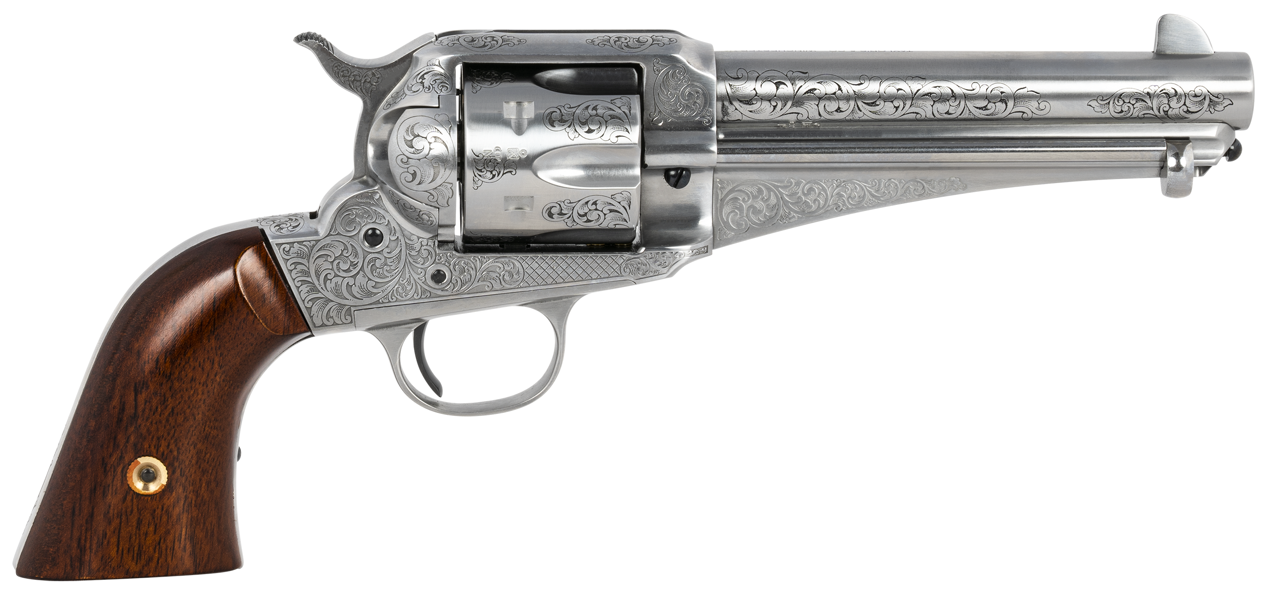 Taylors & Company 550408 1875 Army Outlaw 45 Colt (LC) Caliber with 5.50" Barrel, 6rd Capacity Cylinder, Overall White Engraved Finish Steel & Walnut Grip