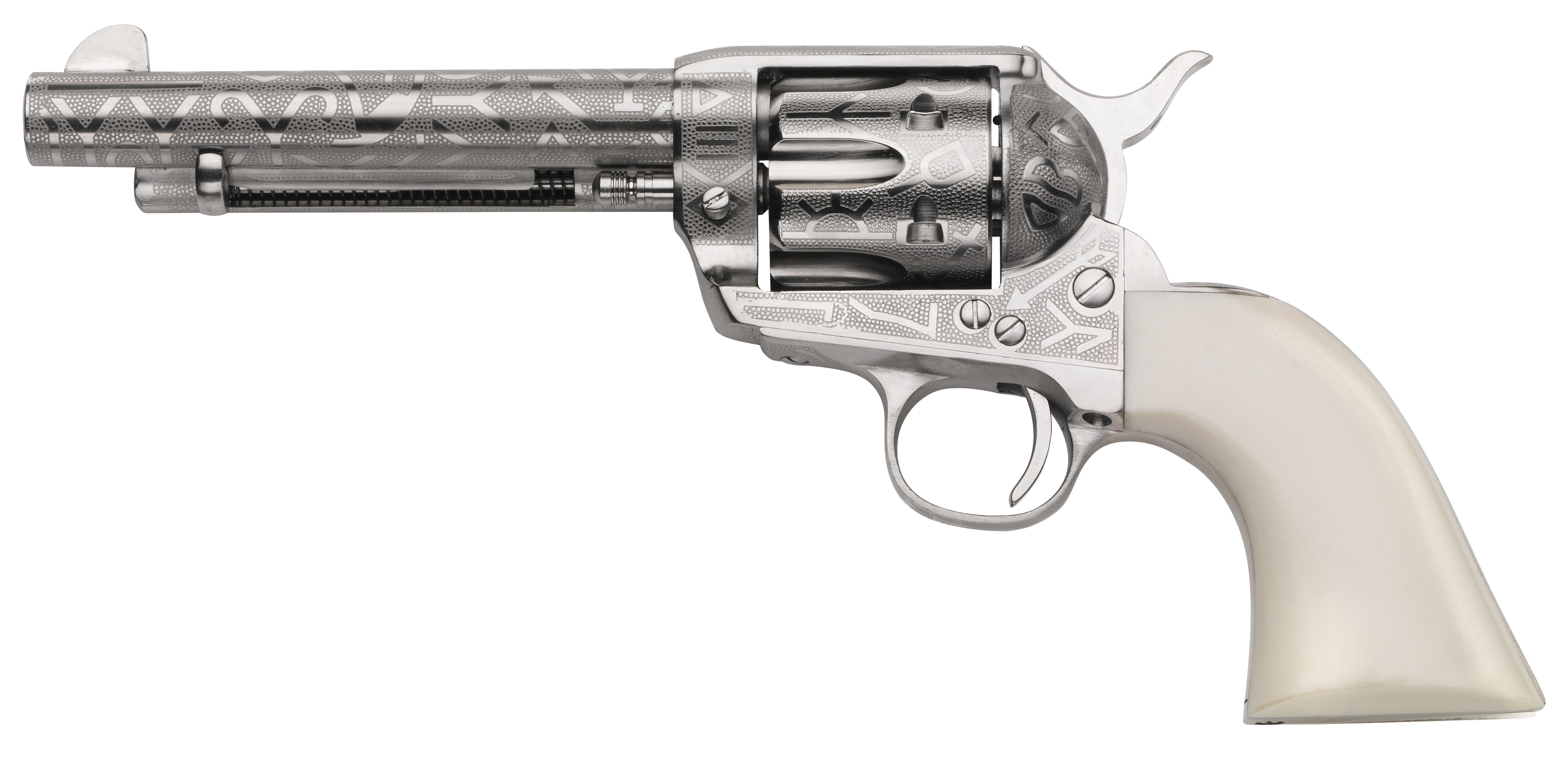Taylors & Company 200061 1873 Cattle Brand 45 Colt (LC) Caliber with 5.50" Barrel, 6rd Capacity Cylinder, Overall Nickel-Plated Engraved Finish Steel & Ivory Synthetic Grip