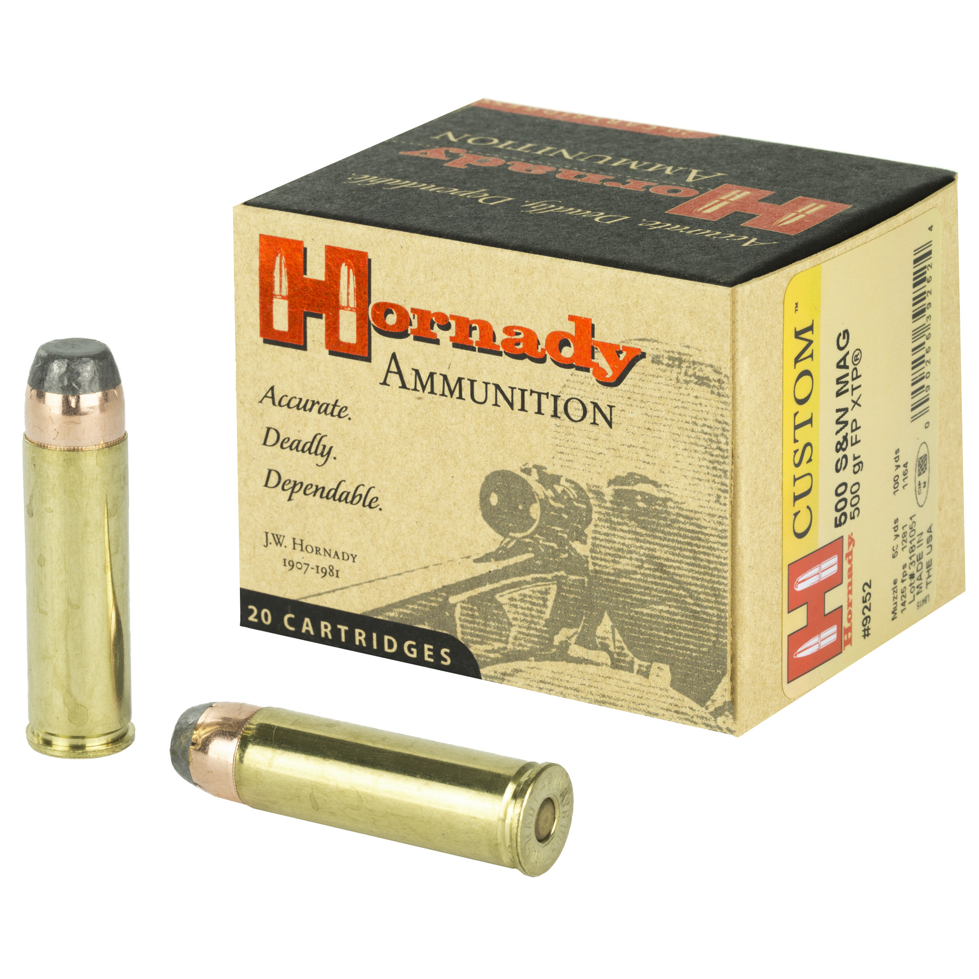 Hornady 9252 Custom  500S&WMag 500gr Hornady XTP Flat Point 20 Per Box/10 Case