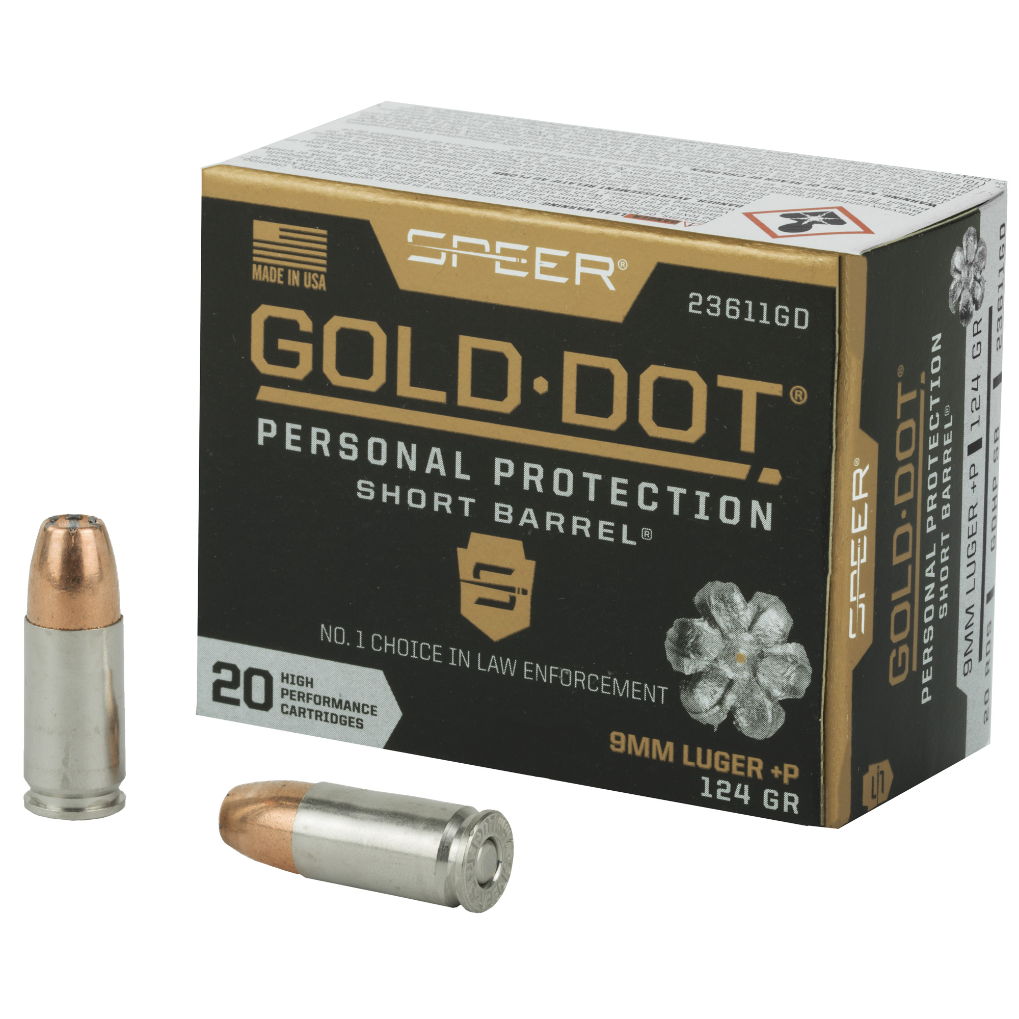 Speer Gold Dot Personal Protection Pistol Ammo 9mm +P 124 gr. HP Short Barrel 20 rd.