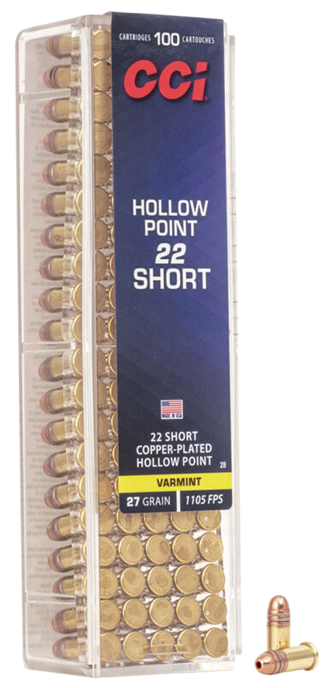 CCI Varmint Rimfire Ammo 22 Short Copper Plated Hollow Point 27 Grain 100 Rounds