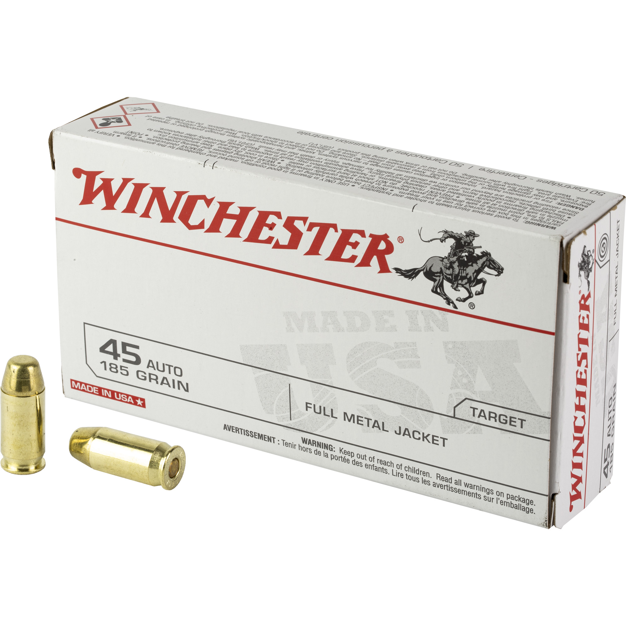 Winchester, Usa Pistol, 45 Acp, Full Metal Jacket Flat Nose, 185 Grain, 50 Rounds
