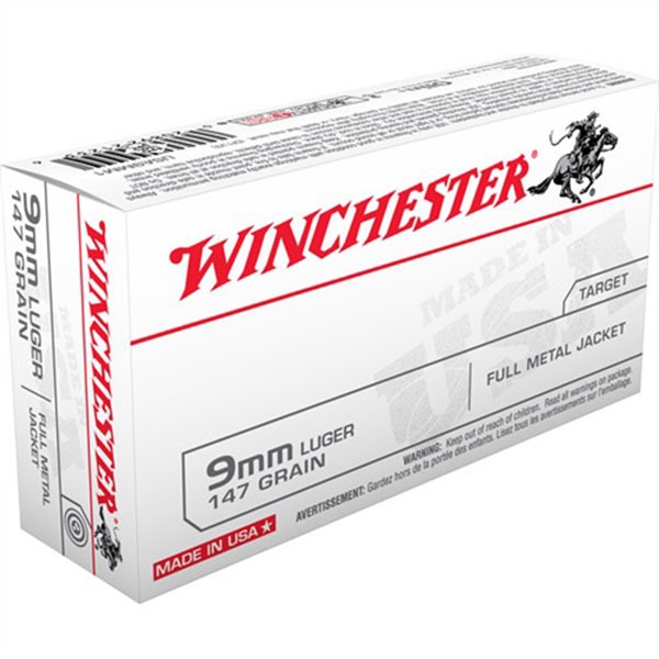 Winchester USA Pistol Ammo 9mm FMJ Flat Nose 147 Grain 50 Rounds