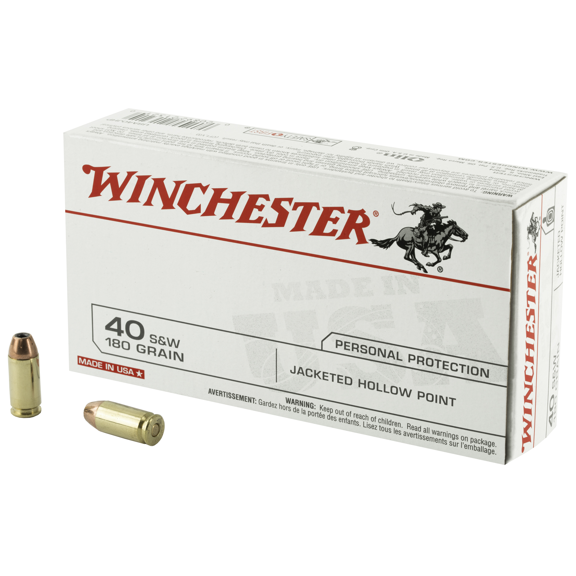 Winchester USA Pistol Ammo 40 S&W Jacketed Hollow Point 180 Grain 50 Rounds
