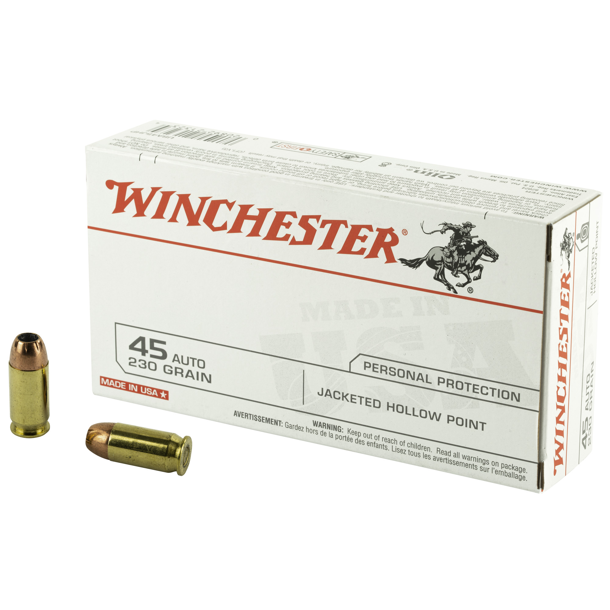 Winchester USA Pistol Ammo 45 ACP Jacketed Hollow Point 230 Grain 50 Rounds