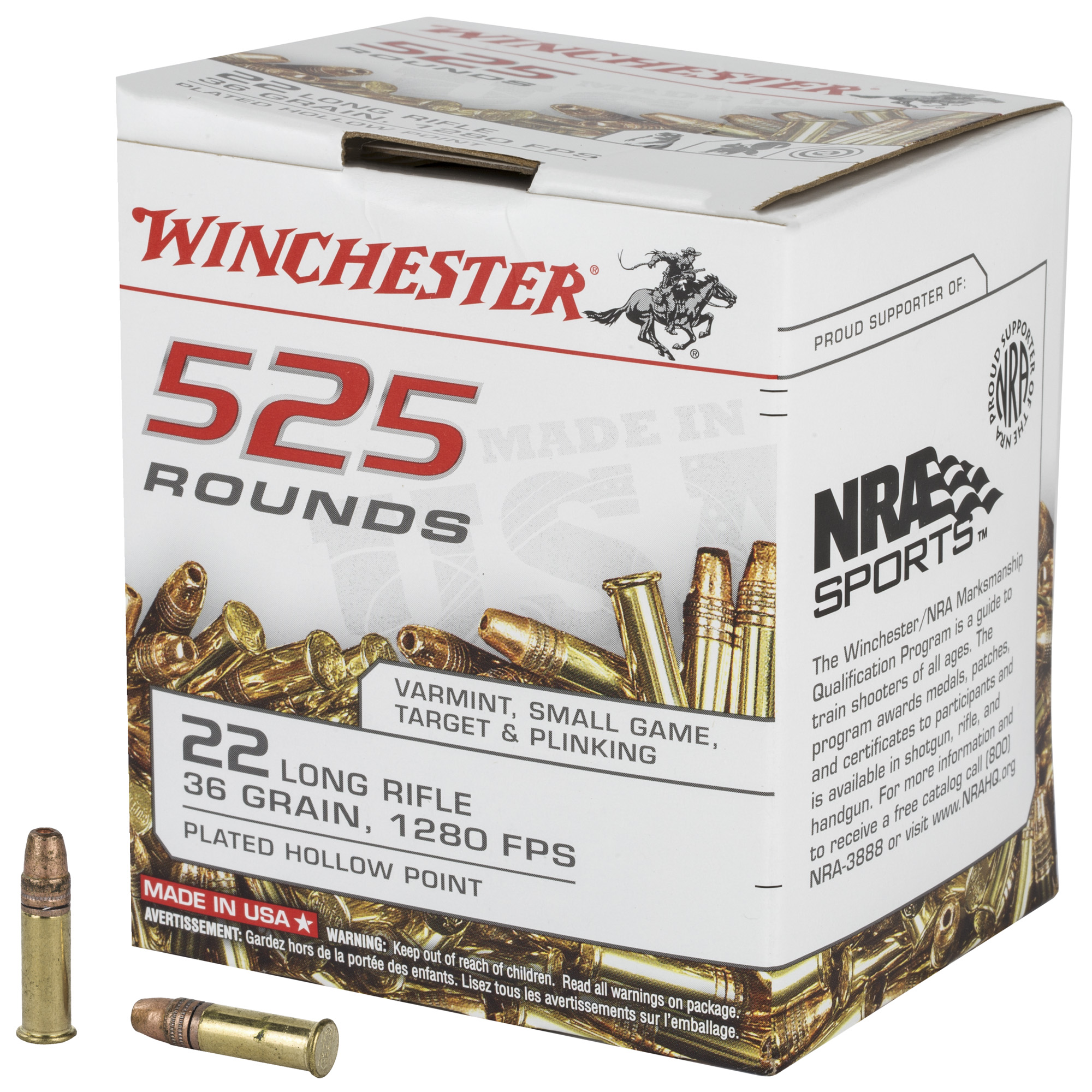 Winchester Usa Pistol, .22 Long Rifle, Copper Plated Hollow Point, 36 Grain, 525 Rounds