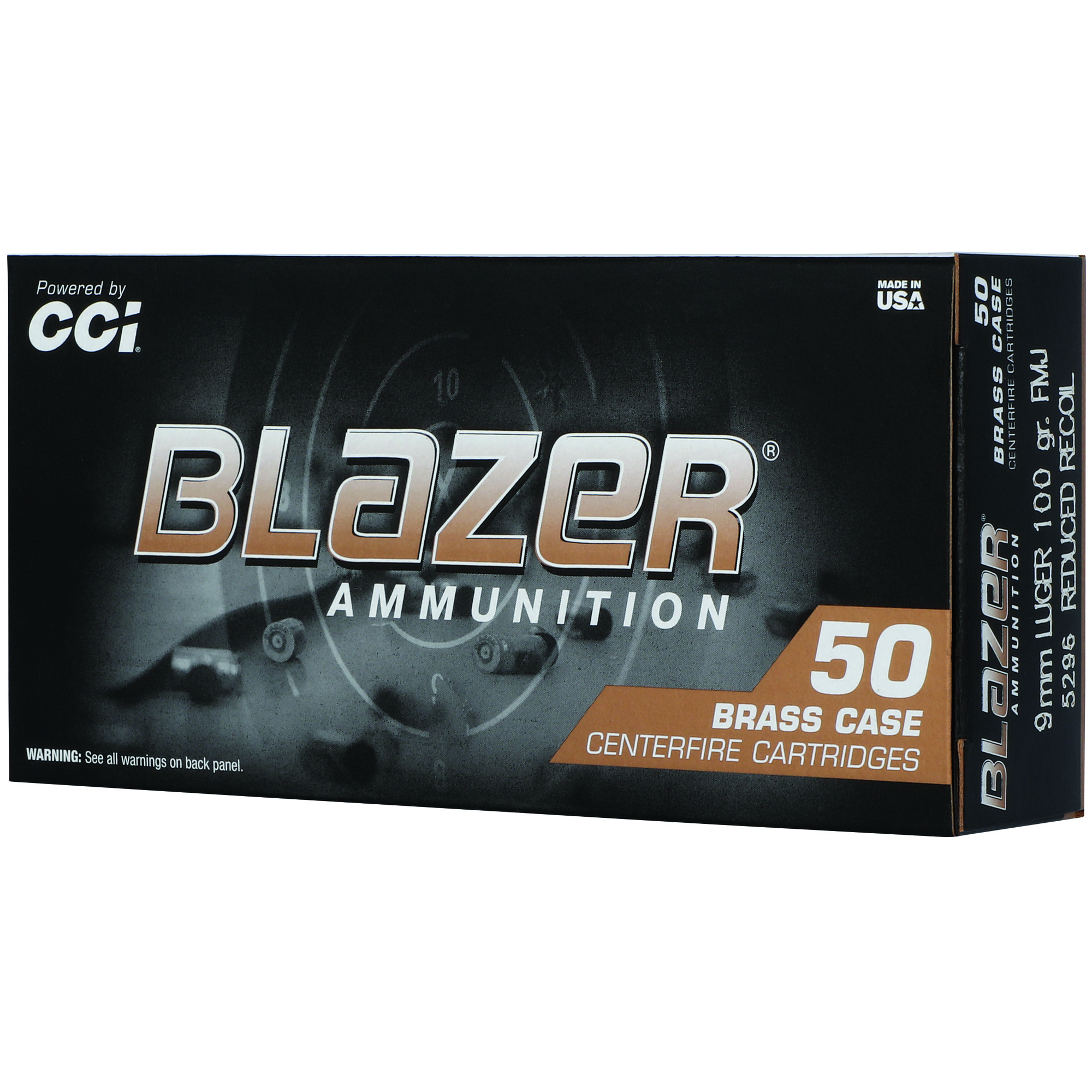 CCI 5296 Blazer Brass Full Metal Jacket 9mmLuger 100gr Full Metal Jacket 50 Per Box/20 Case