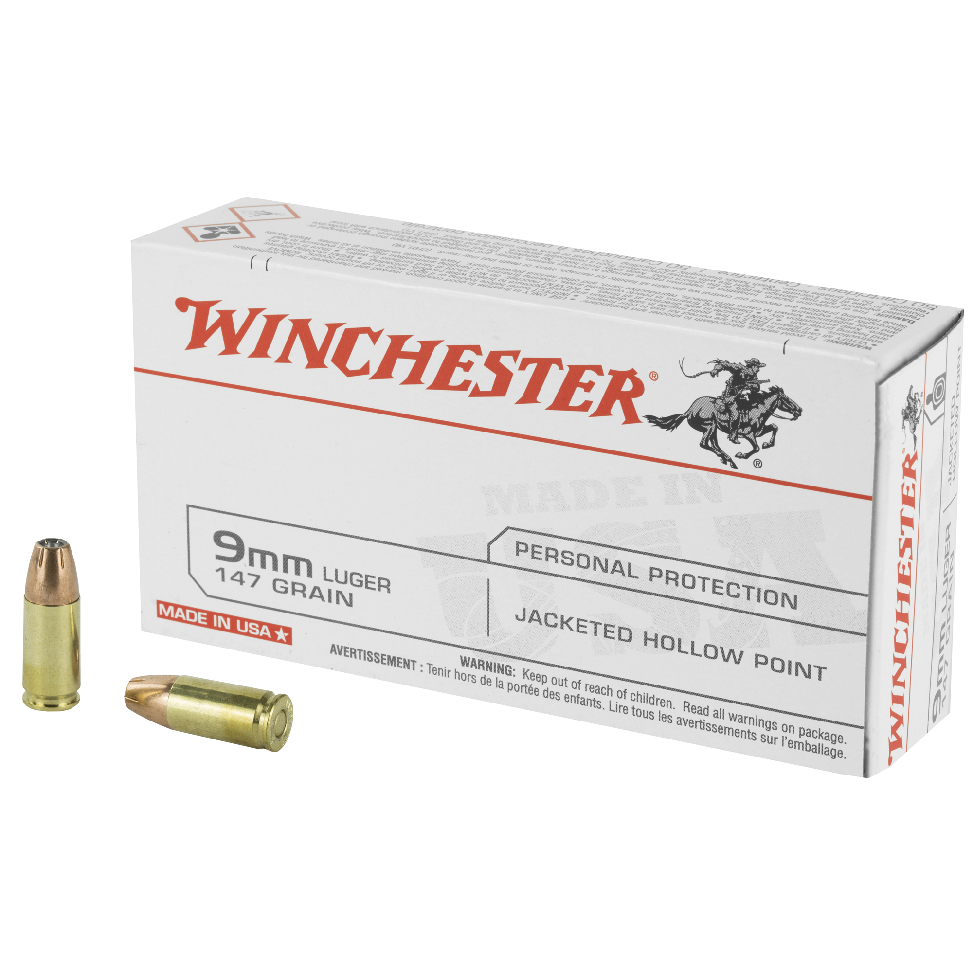 Winchester, USA Pistol, 9mm Luger, Jacketed Hollow Point, 147 Grain, 50 Rounds