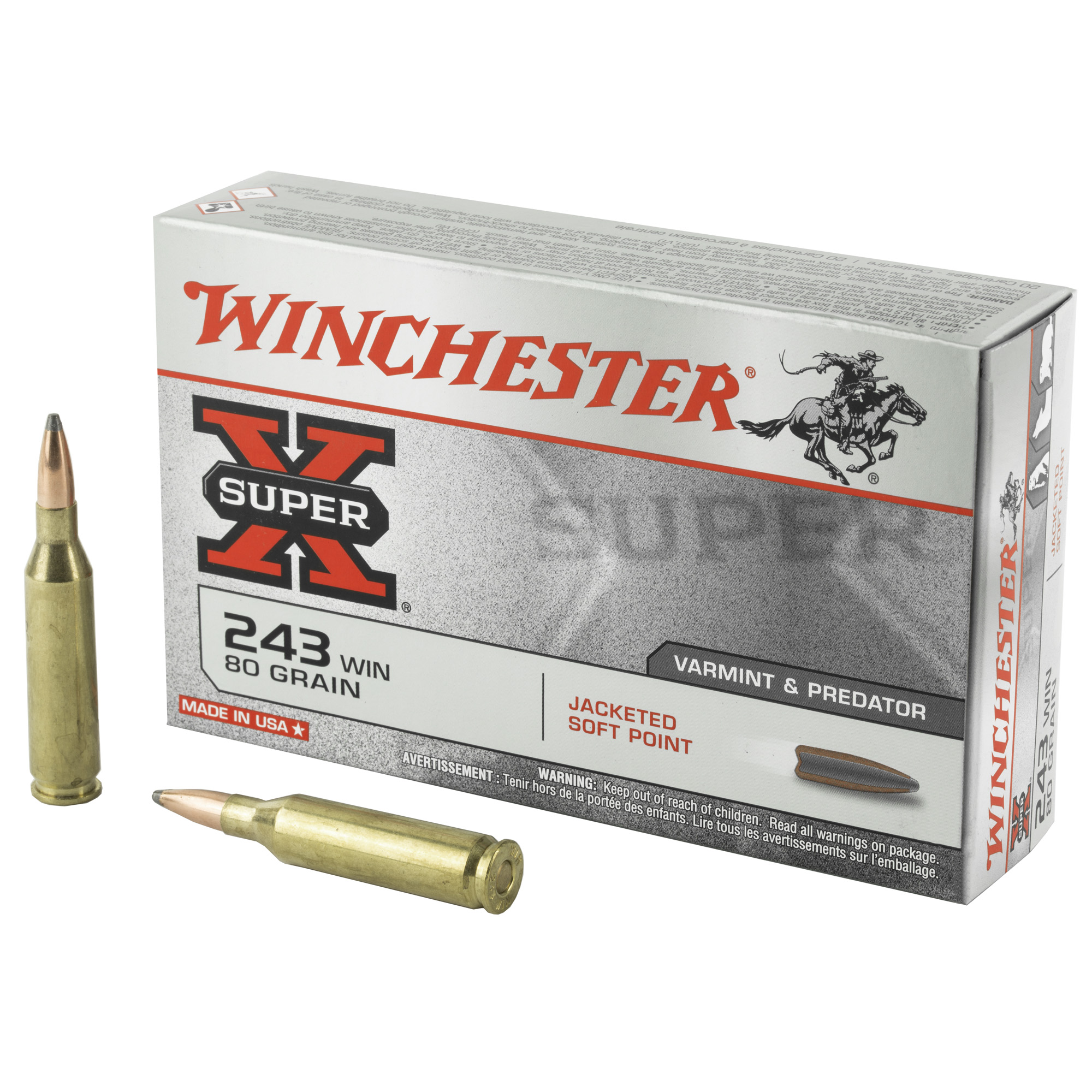 Winchester Super-X Rifle Ammo 243 Win 80 gr. Pointed Soft Point 20 rd.