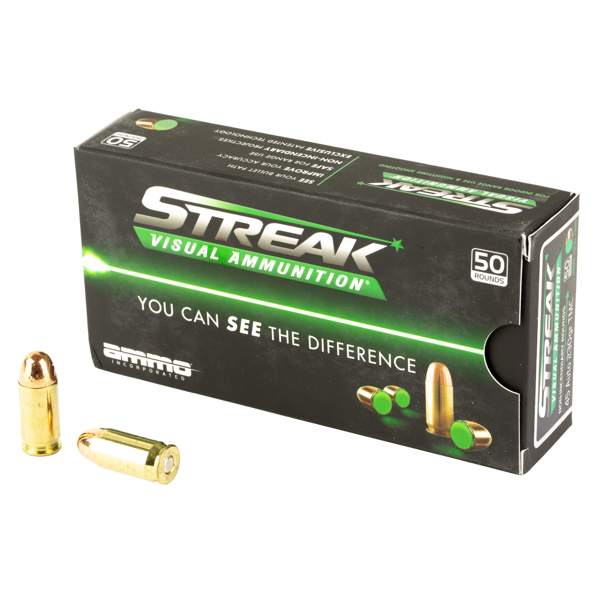Ammo Inc STREAK Target .45 ACP Handgun Ammo - 230 Grain | TMC | Green | 50rd Box