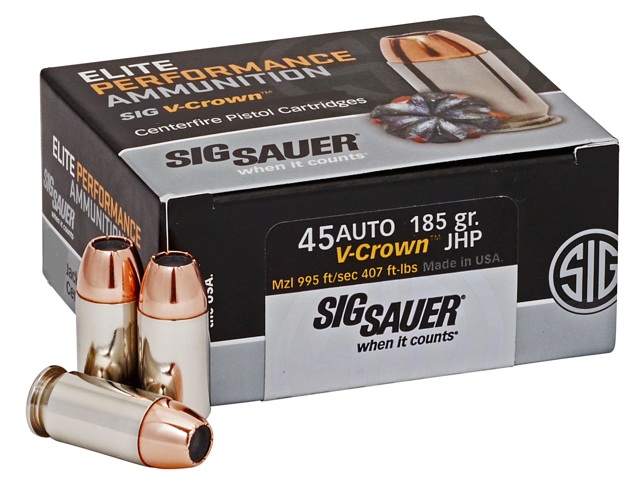 Sig Sauer E45AP050 45 ACP V Crown Jacketed Hollow Point 185 Grain 50 Rounds