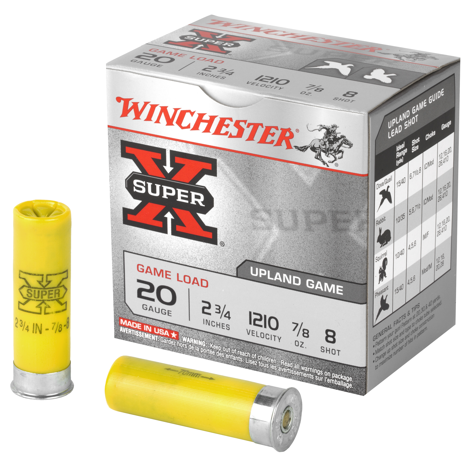 Winchester, Super-X Game Load, 20 Gauge, Lead Shot, 7/8 oz, 25 Rounds