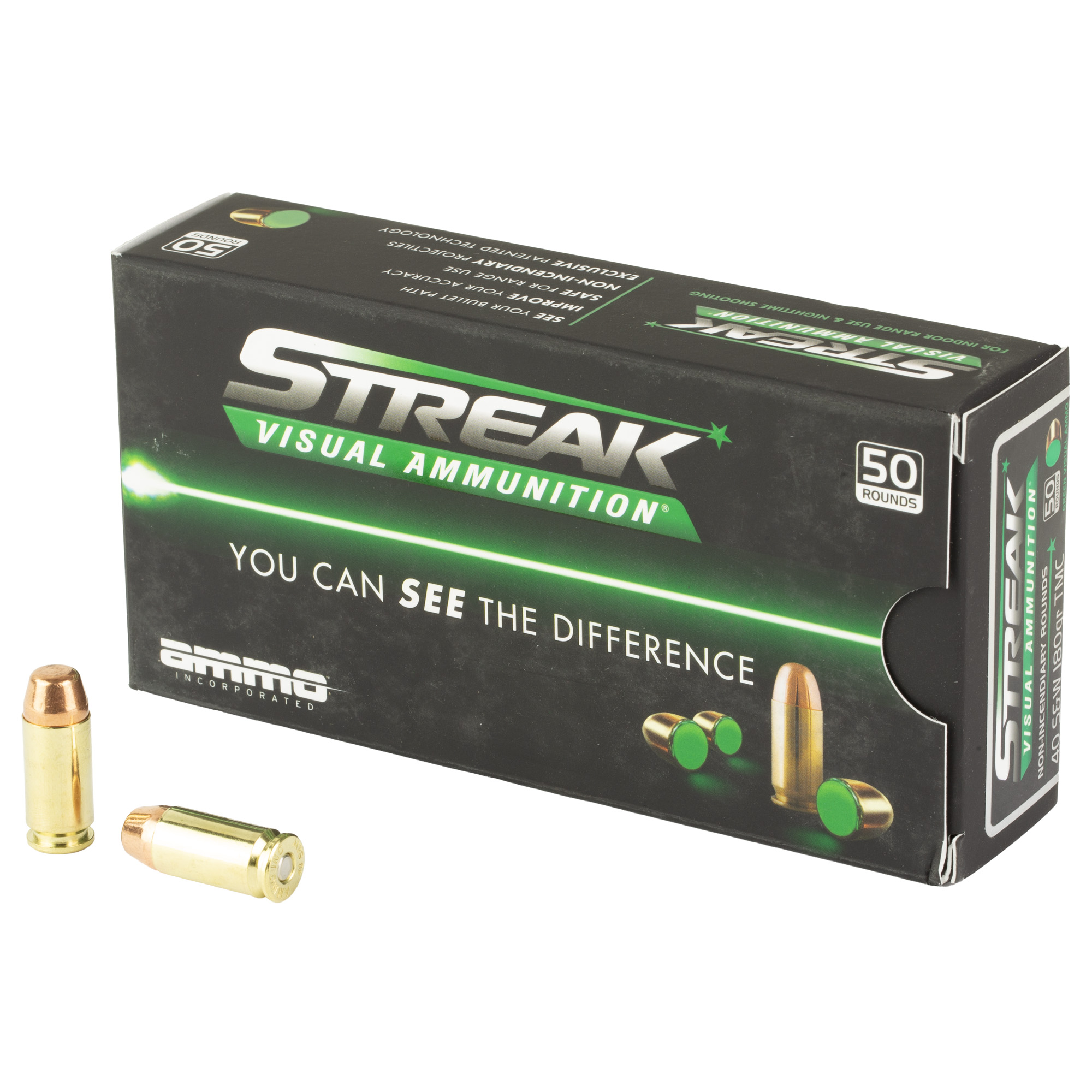 Ammo Inc STREAK Target .40 S&W Handgun Ammo - 180 Grain | TMC | Green | 50rd Box