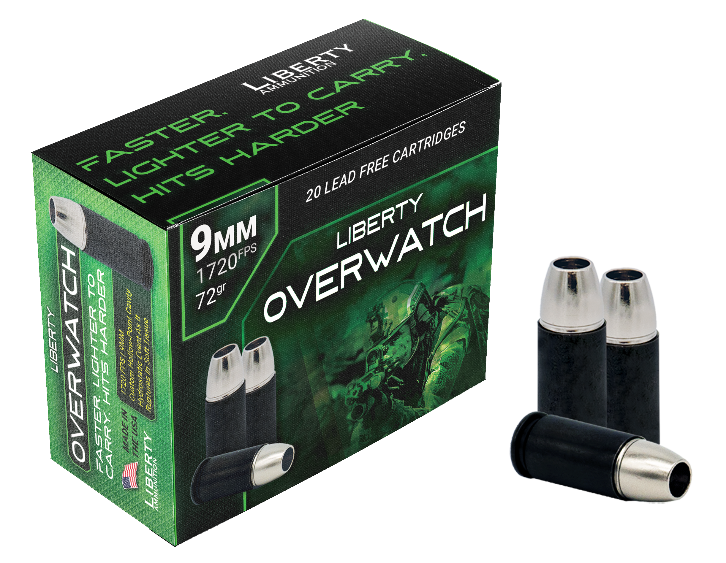 Liberty Ammunition LAOW9MM721700 OverWatch  9mmLuger 72gr Open Cavity Design 20 Rounds