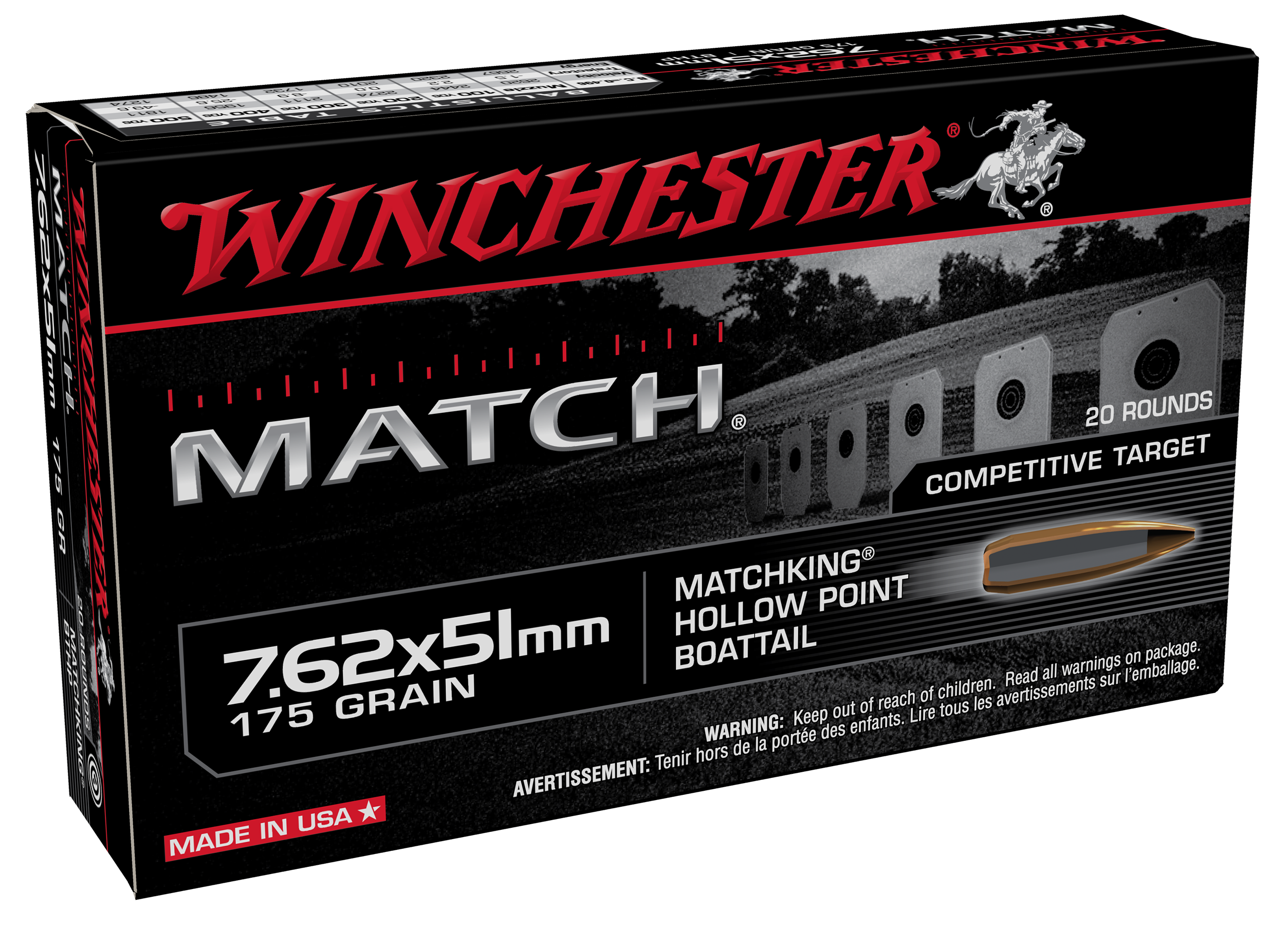 Winchester Match 7.62x51mm Boat-Tail Hollow Point 175 Grain 20 Rounds