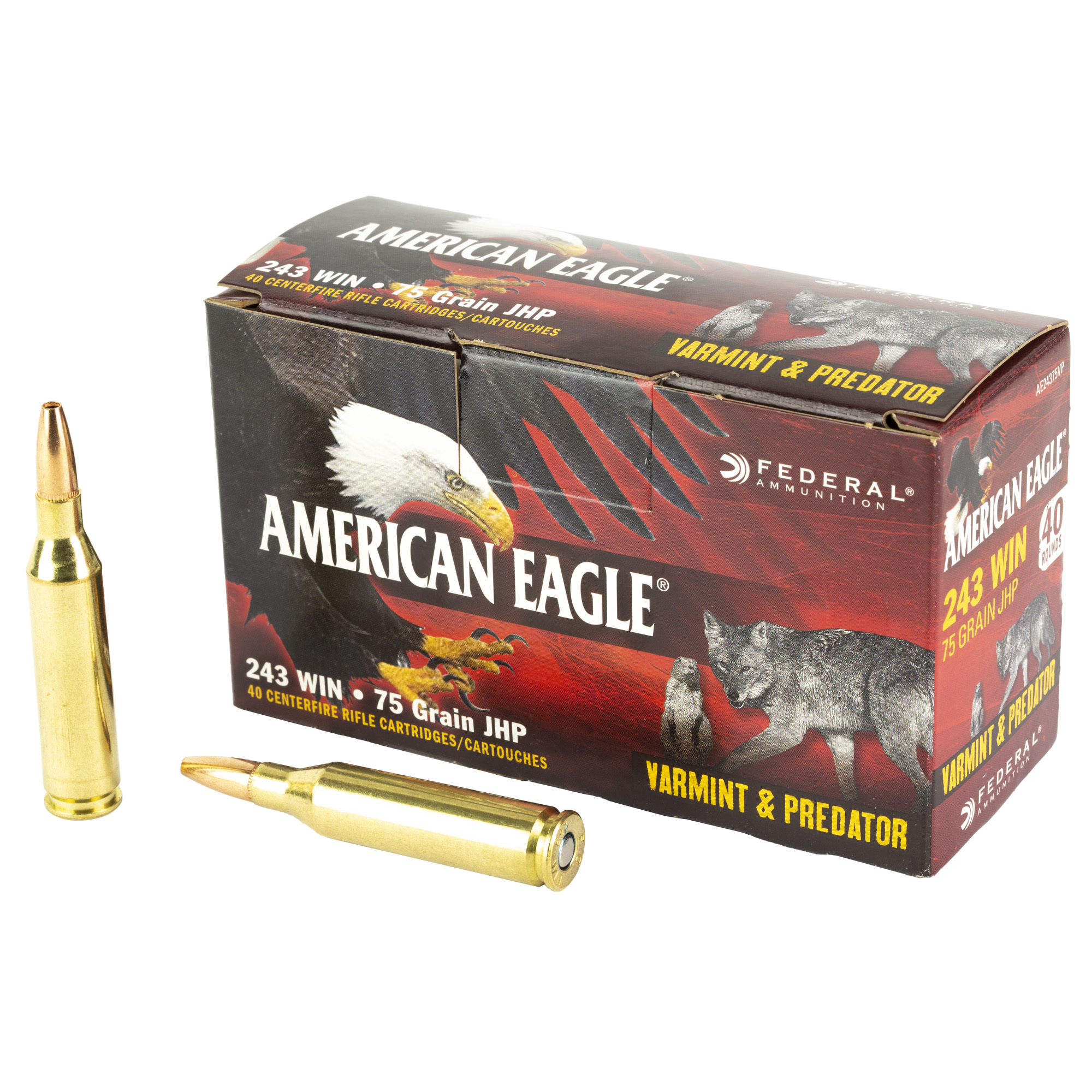 Federal American Eagle Varmint & Predator 243 Winchester Jacketed Hollow Point 75 Grain 40 Rounds