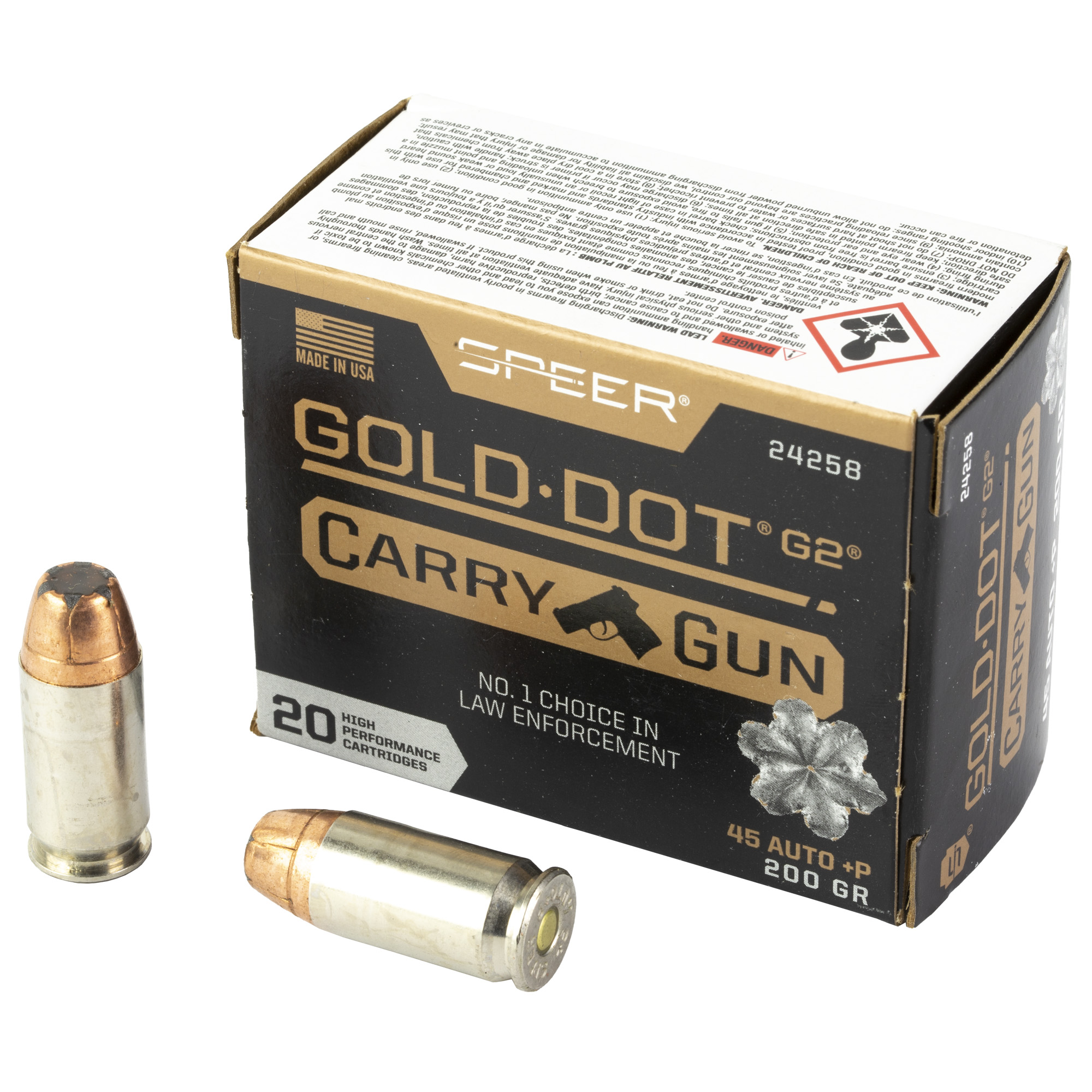 Speer, Gold Dot Carry Gun, 45 Acp, Hollow Point, 200 Grain, 20 Rounds