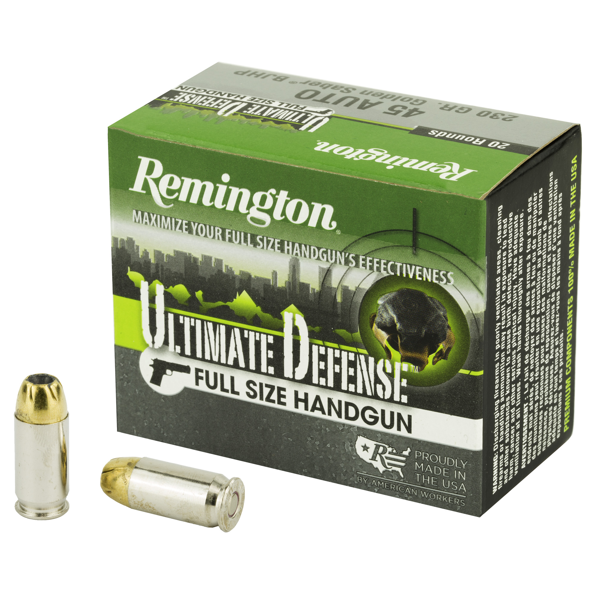 Remington Ultimate Defense 45 ACP Brass Jacketed Hollow Point 230 Grain 20 Rounds