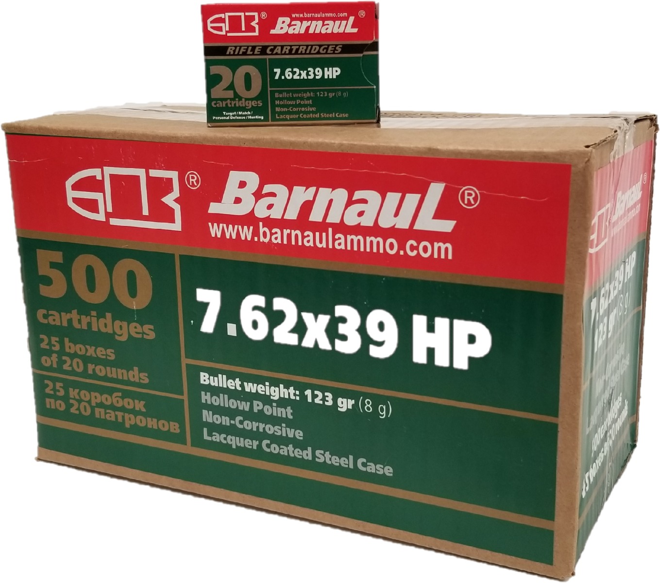 Barnaul 7.62x39 Rifle Ammo - 123 Grain | HP | Lacquered Steel Casing | 500rd Case