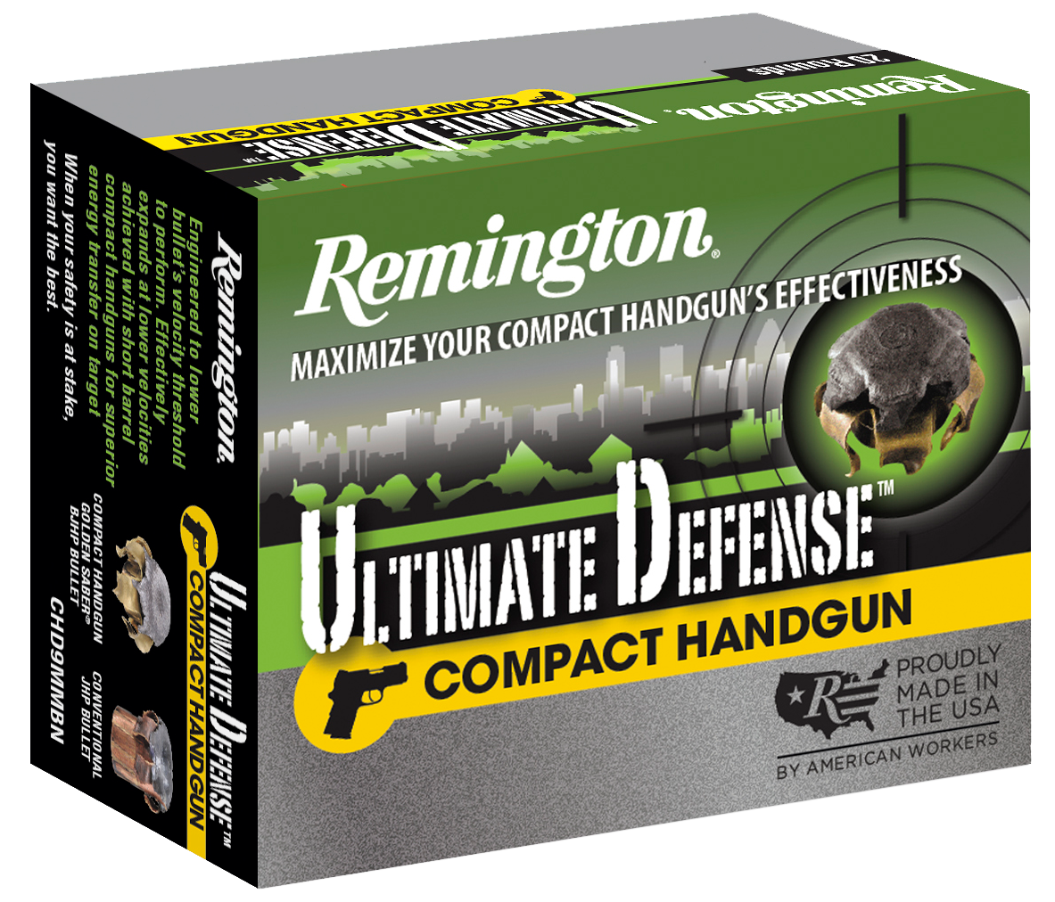 Remington Ultimate Defense 9mm Luger Brass Jacket Hollow Point 124 Grain 20 Rounds