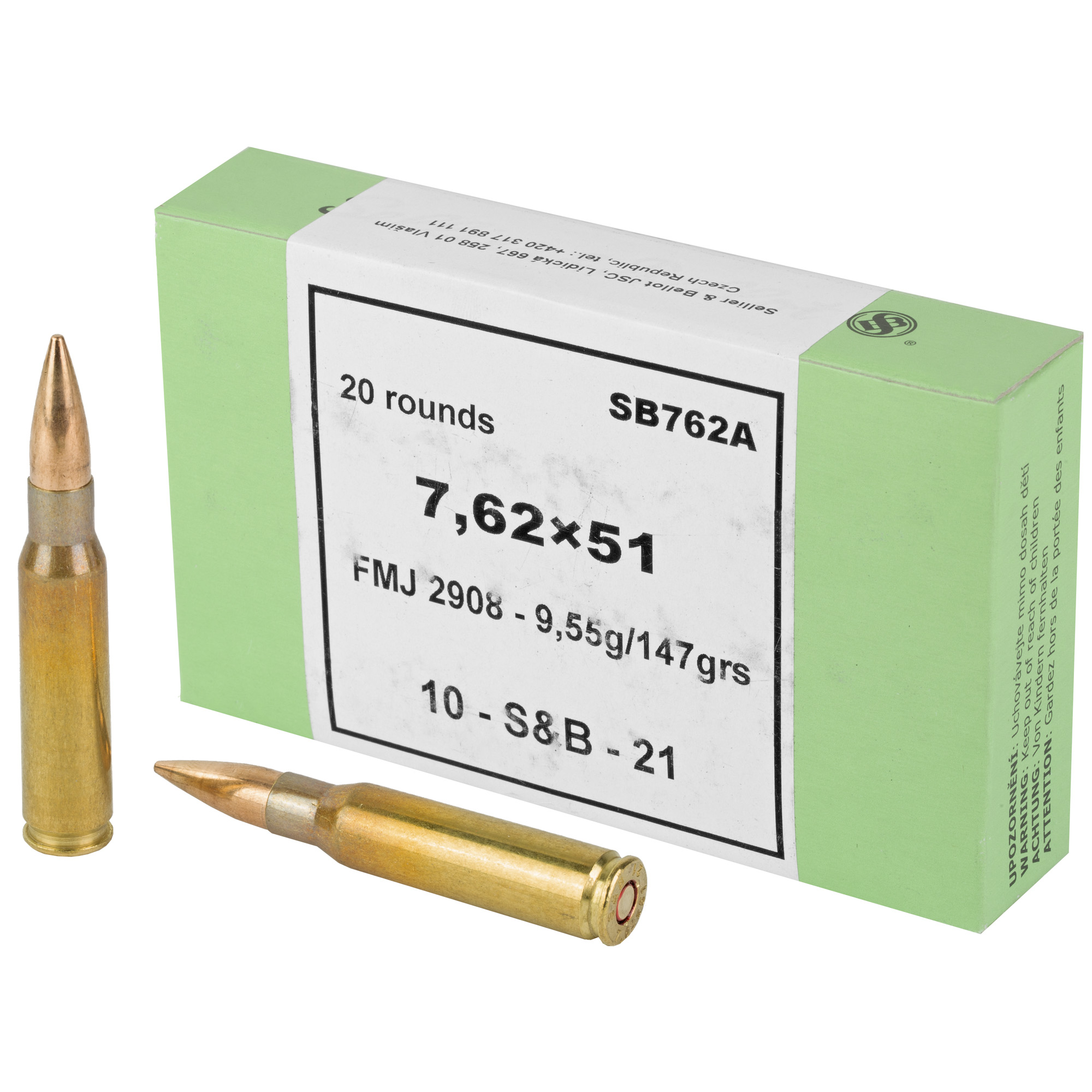 Sellier & Bellot SB76251 7.62x51mm NATO Full Metal Jacket 147 Grain 20 Rounds