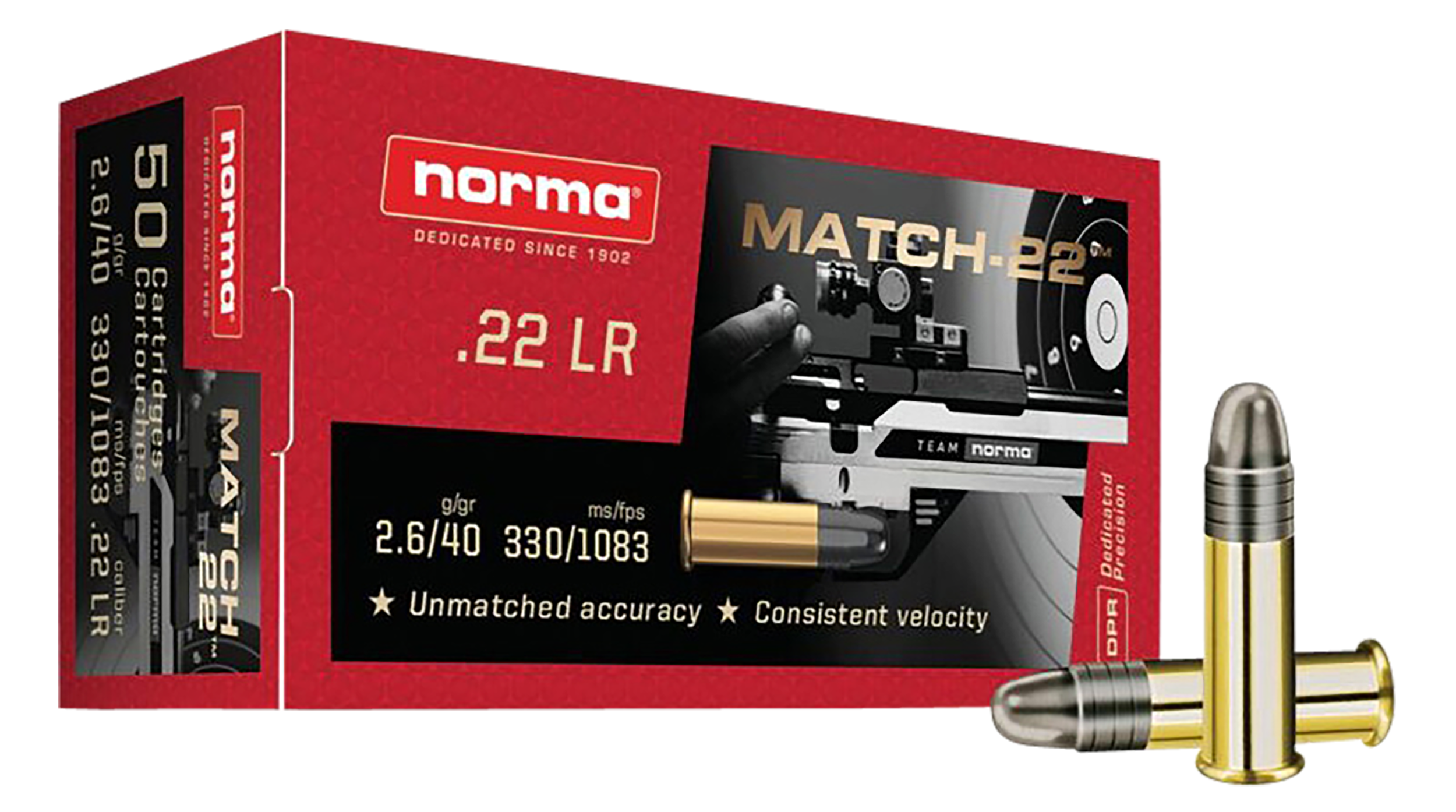 Norma Ammunition 2425076 Dedicated Precision Match 22LR 40gr Lead Round Nose 50 Rounds