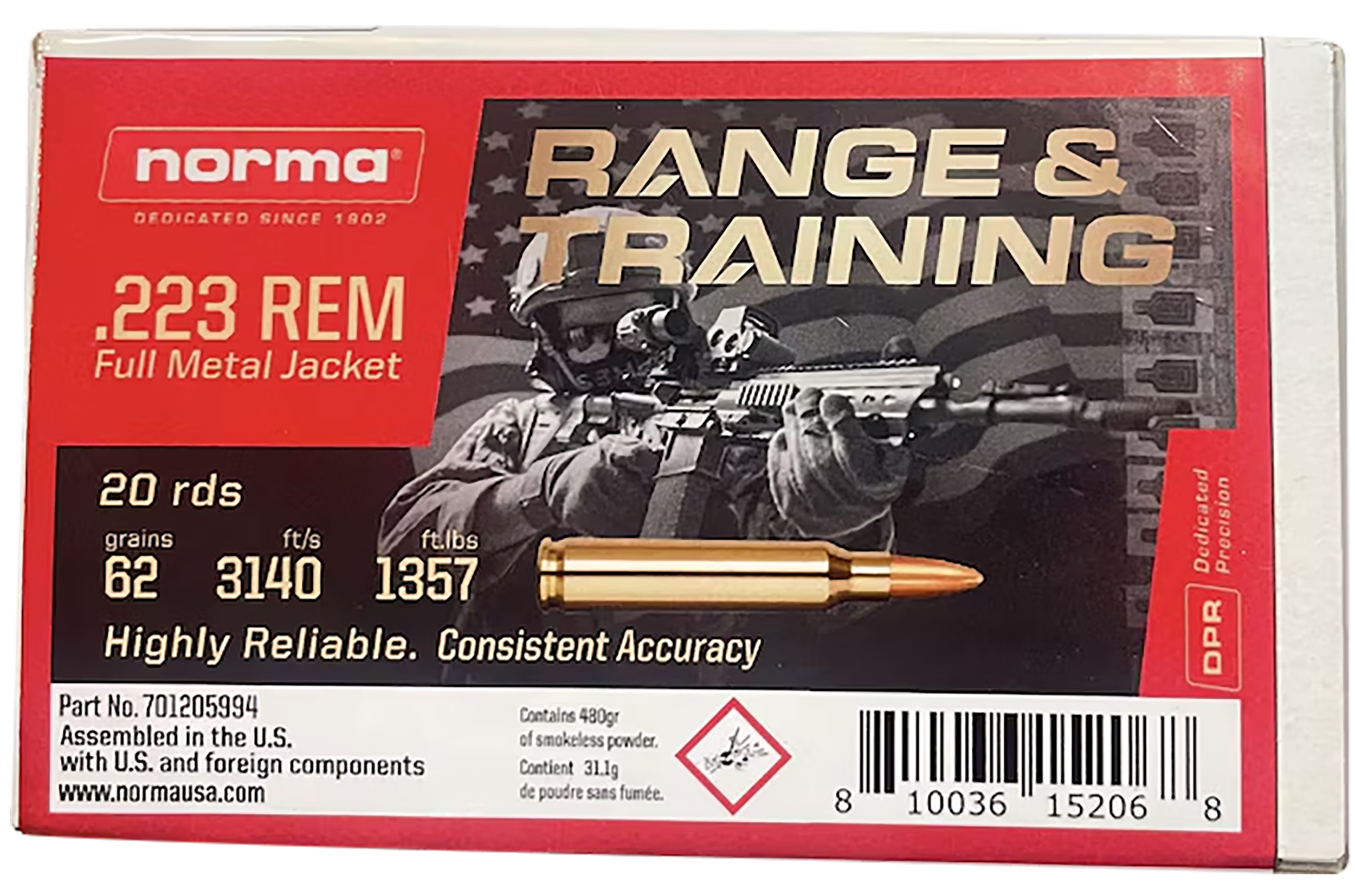 Norma Ammunition 701205994 223Rem 62gr Full Metal Jacket 20 Rounds
