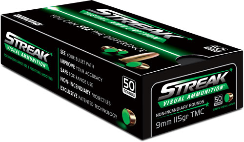 Ammo Inc 9115TMCSTRKGRN50 Streak Visual (GREEN)  9mm Luger 115gr Total Metal Case 50 Rounds