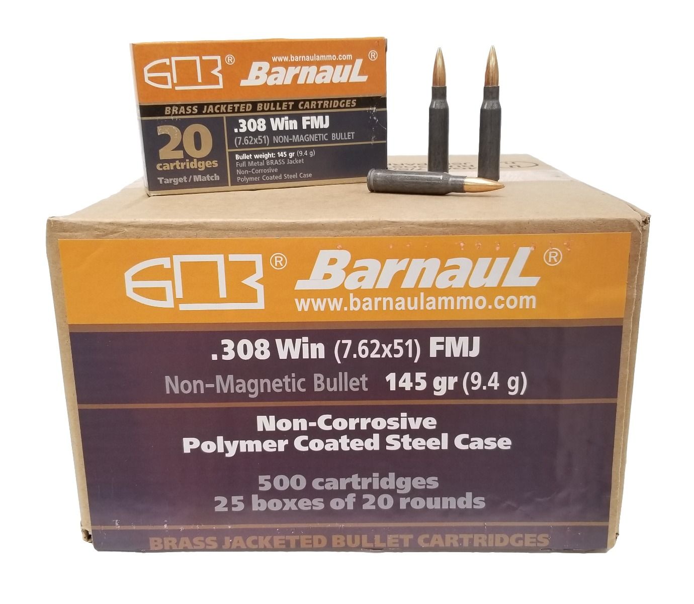 Barnaul .308 Win Rifle Ammo - 145 Grain | FMJ - Brass Jacketed | Steel Casing | 500rd Case