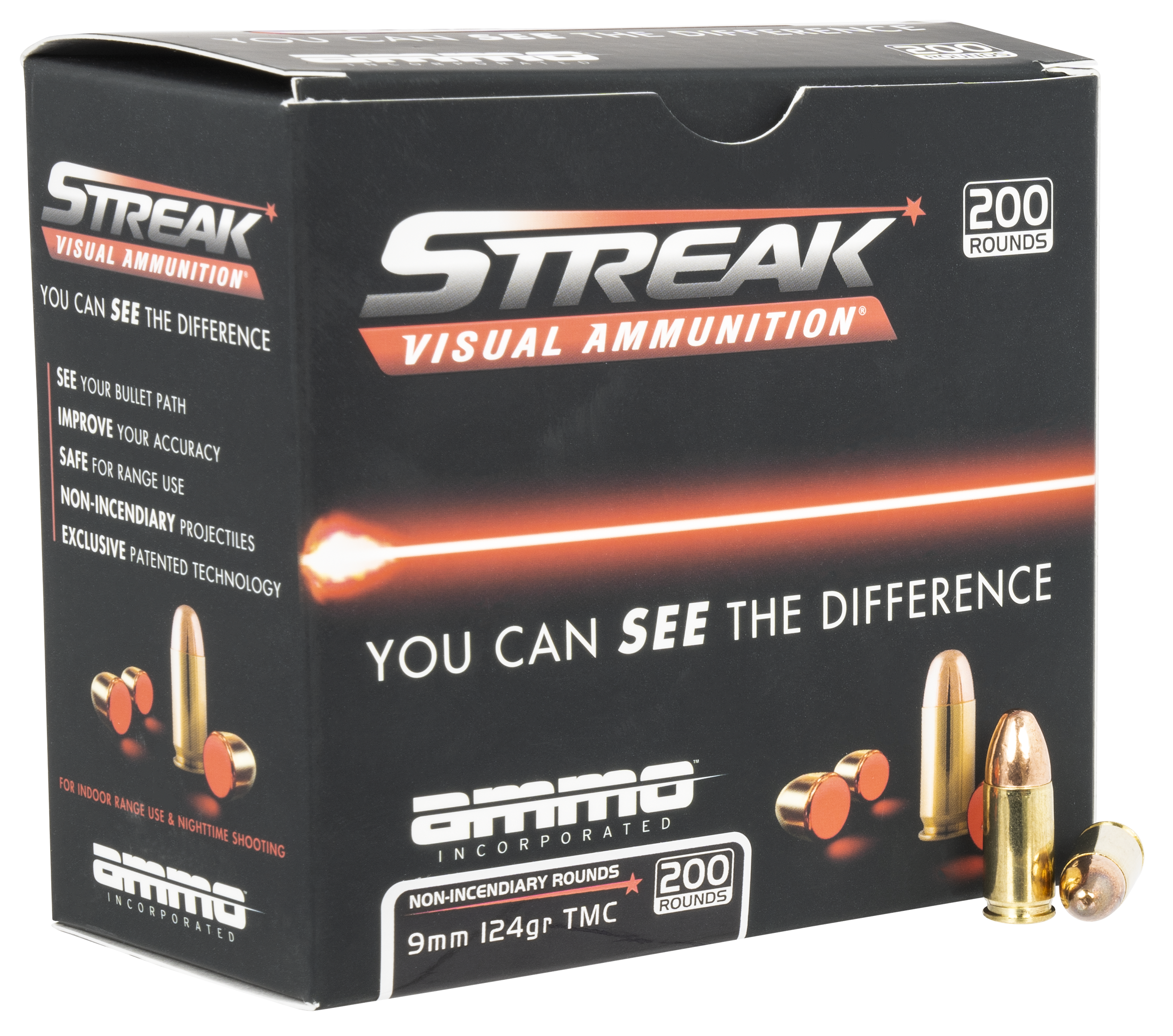 Ammo Inc 9124TMCSTRKRED200 Streak Visual (RED)  9mm Luger 124gr Total Metal Case 200 Rounds