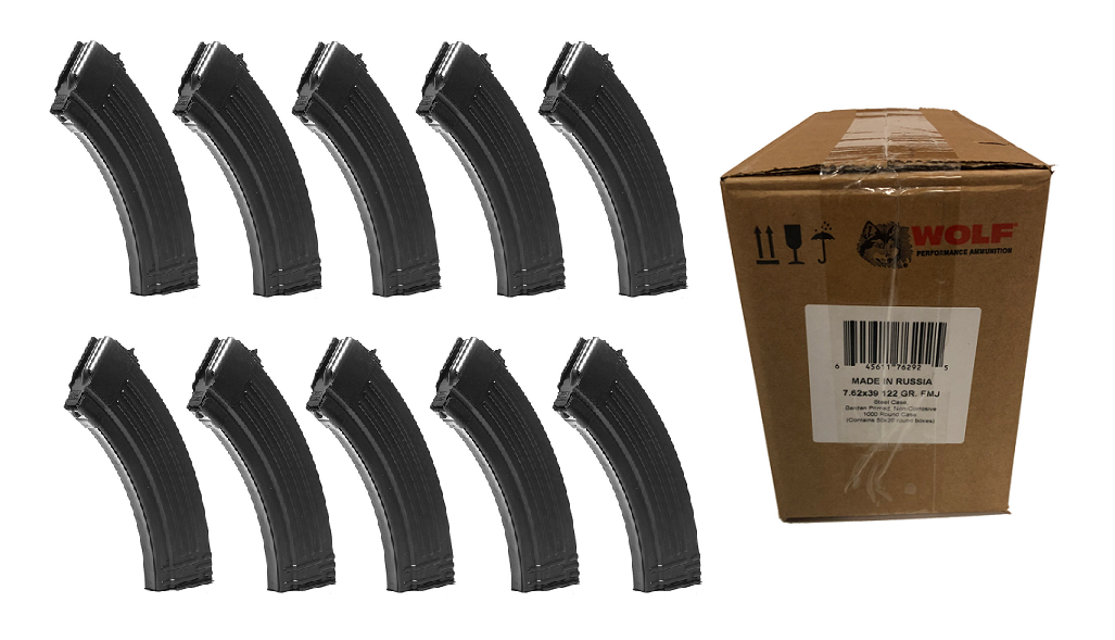 Wolf Steel Case 7.62x39mm Rifle Ammo - 122 Grain | FMJ | 1000rd Case Bundled w/ TEN KCI AK-47 7.62x39 Magazine - 30rd
