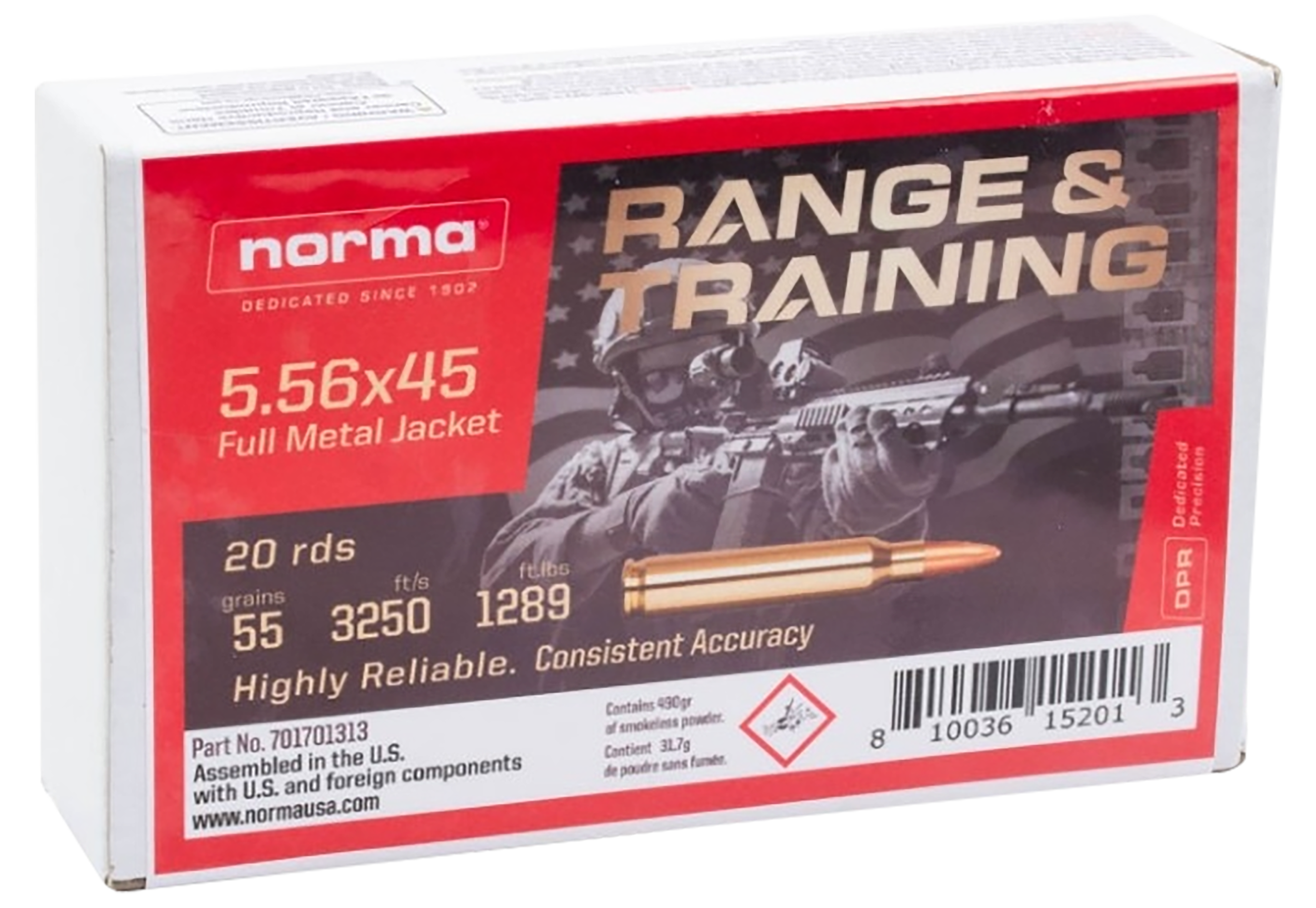 Norma Ammunition 701701313 Range & Training 5.56x45mmNATO 55gr Full Metal Jacket 20 Rounds