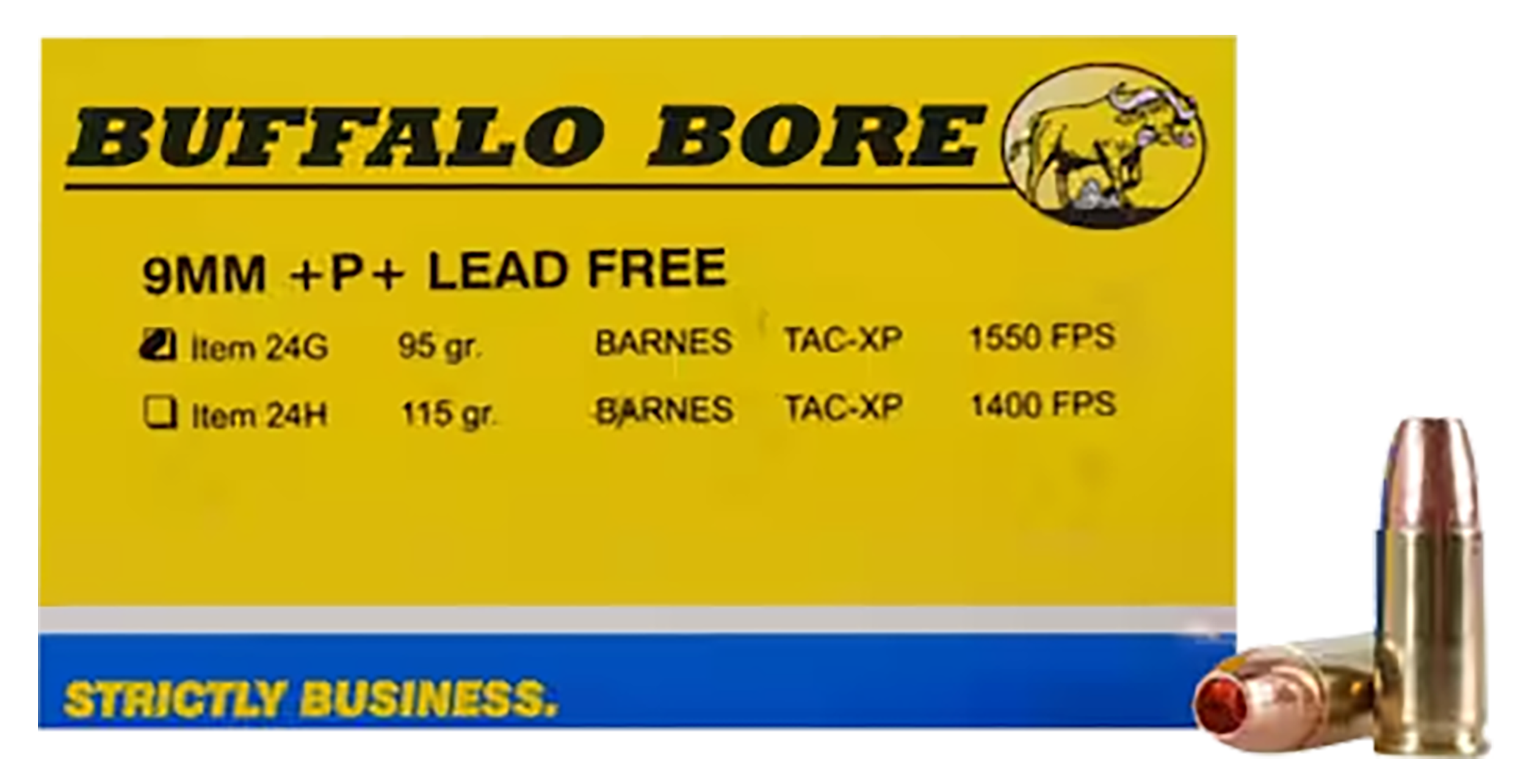 Buffalo Bore Ammunition 24G20 Buffalo-Barnes Strictly Business 9mmLuger +P+ 95gr Barnes TAC-XP Lead Free 20 Rounds