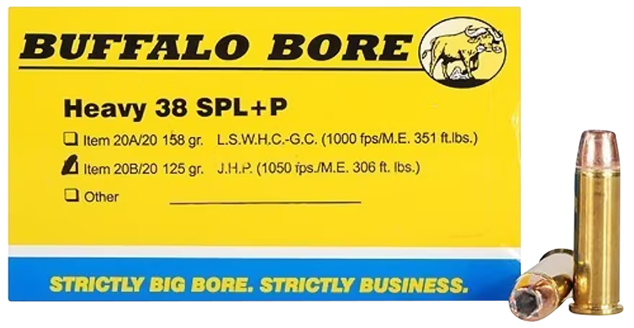 Buffalo Bore Ammunition 20B20 Heavy Strictly Business 38Special +P 125gr Jacket Hollow Point 20 Rounds
