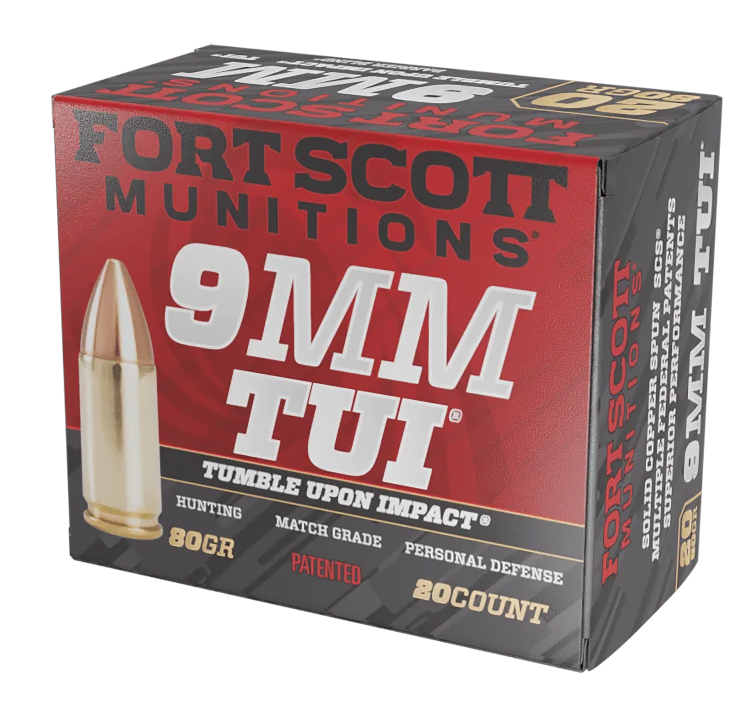 Fort Scott Munitions 9MM080SCV Tumble Upon Impact (TUI)  9mmLuger 80gr Solid Copper Spun 20 Rounds