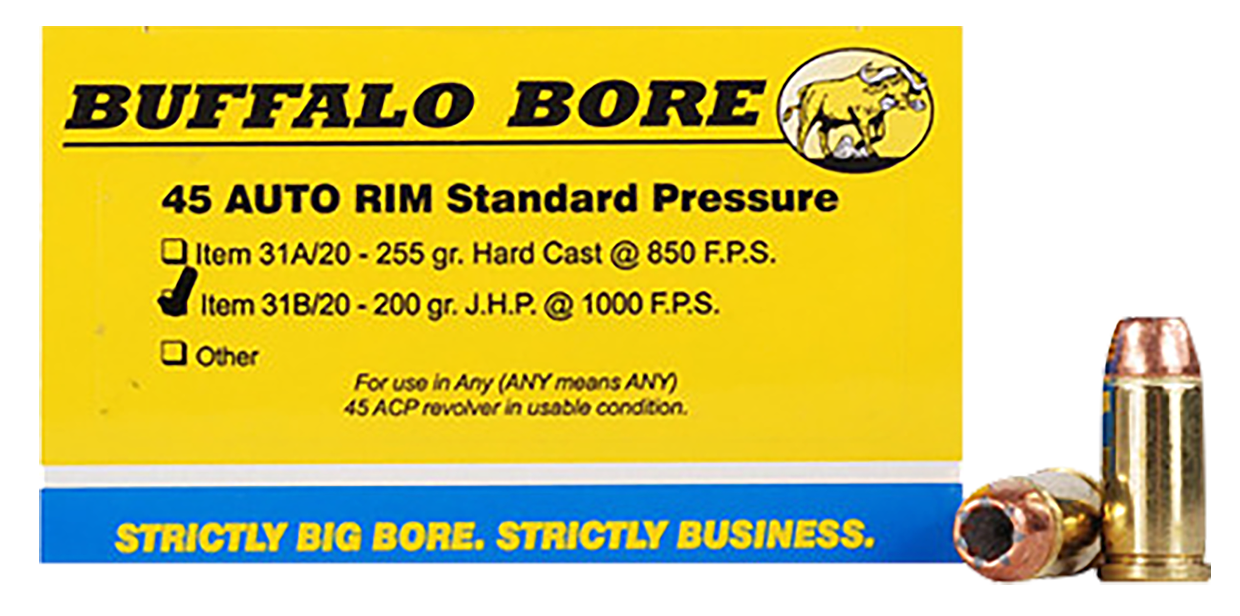 Buffalo Bore Ammunition 31B20 Standard Pressure Strictly Business 45Auto Rim 200gr Jacket Hollow Point 20 Rounds