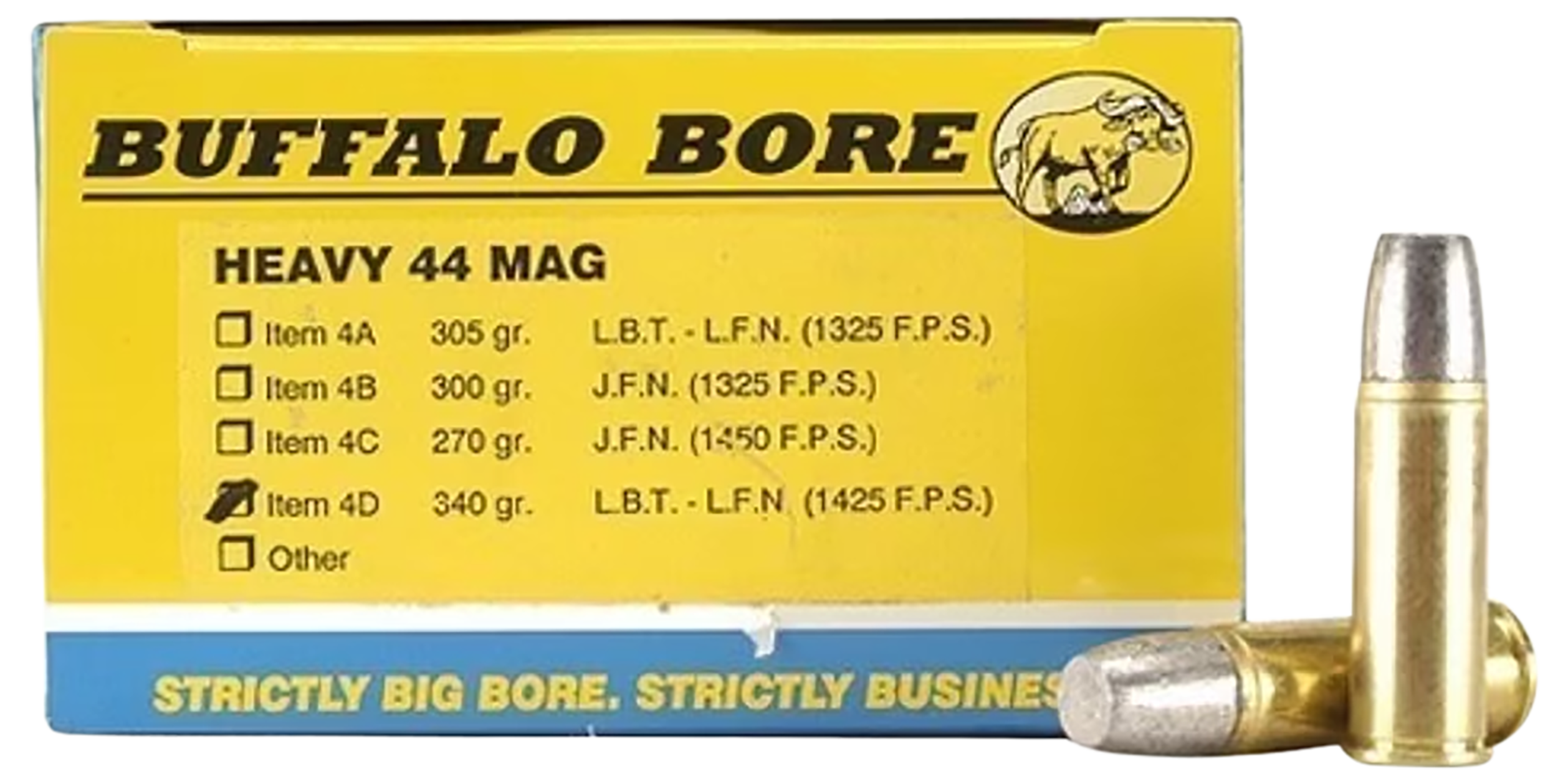 Buffalo Bore Ammunition 4D20 Heavy Strictly Business 44Rem Mag +P+ 340gr Lead Flat Nose 20 Rounds