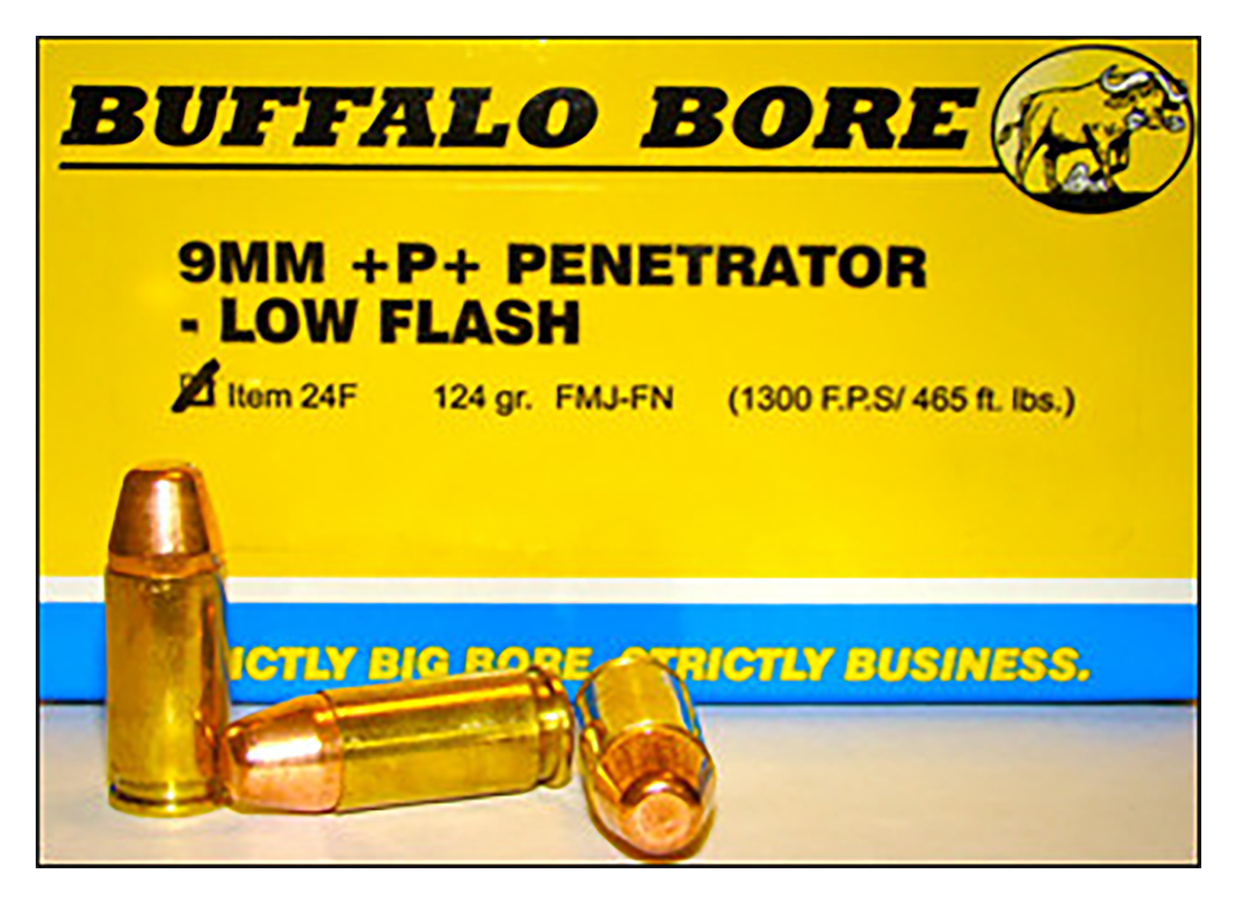 Buffalo Bore Ammunition 24F20 Penetrator Strictly Business 9mmLuger +P+ 124gr Full Metal Jacket Flat Nose 20 Rounds