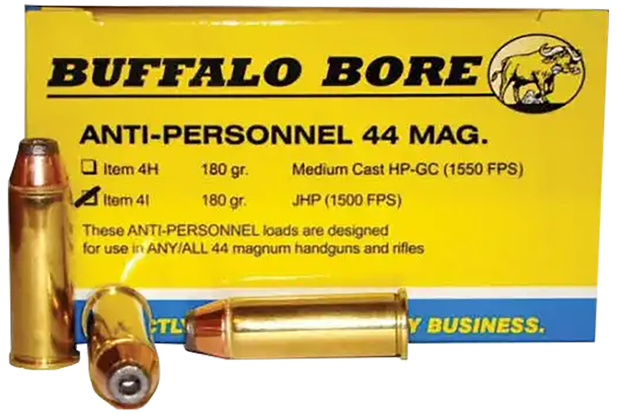 Buffalo Bore Ammunition 4I20 Anti-Personnel Strictly Business 44Rem Mag 180gr Jacketed Hollow Point 20 Rounds