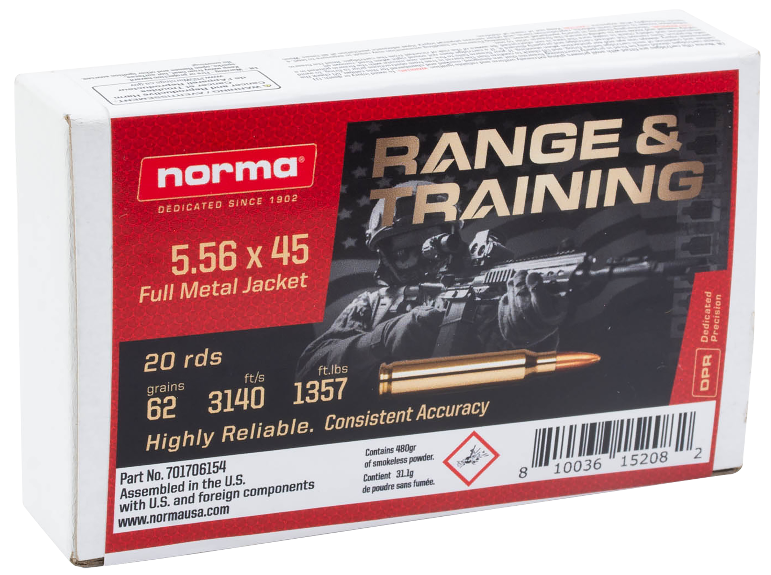 Norma Ammunition 701706154 Range & Training  5.56x45mmNATO 62gr Full Metal Jacket 20 Rounds