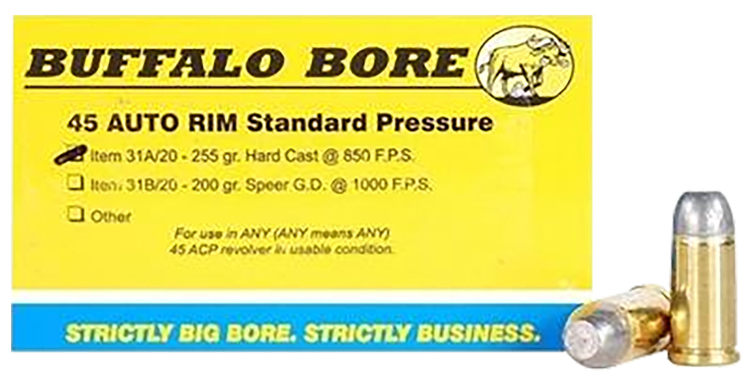 Buffalo Bore Ammunition 31A20 Standard Pressure Strictly Business 45Auto Rim 255gr Hard Cast Flat Nose 20 Rounds