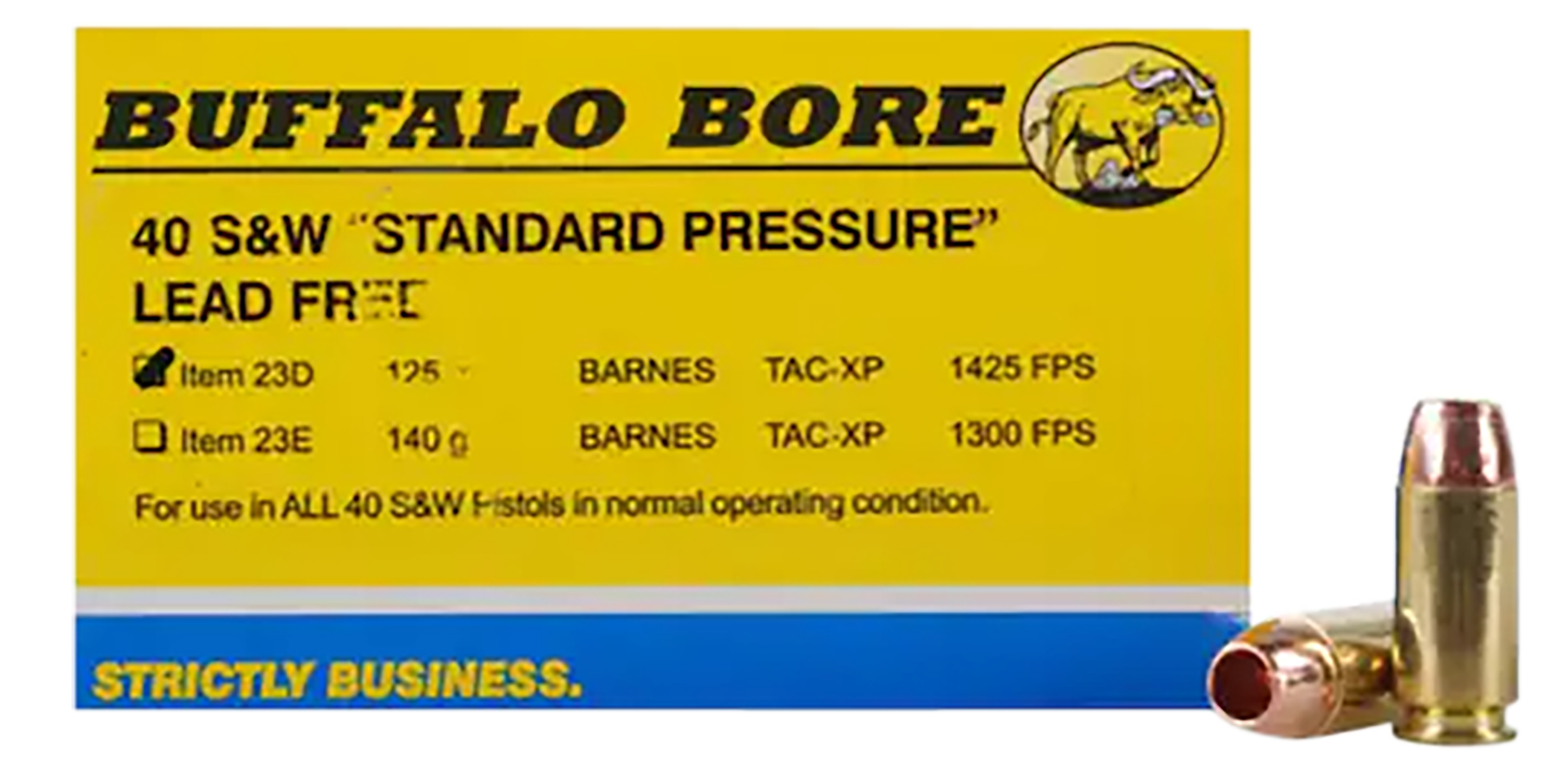 Buffalo Bore Ammunition 23D20 Standard Pressure Strictly Business 40S&W 125gr Barnes TAC-XP Lead Free 20 Rounds