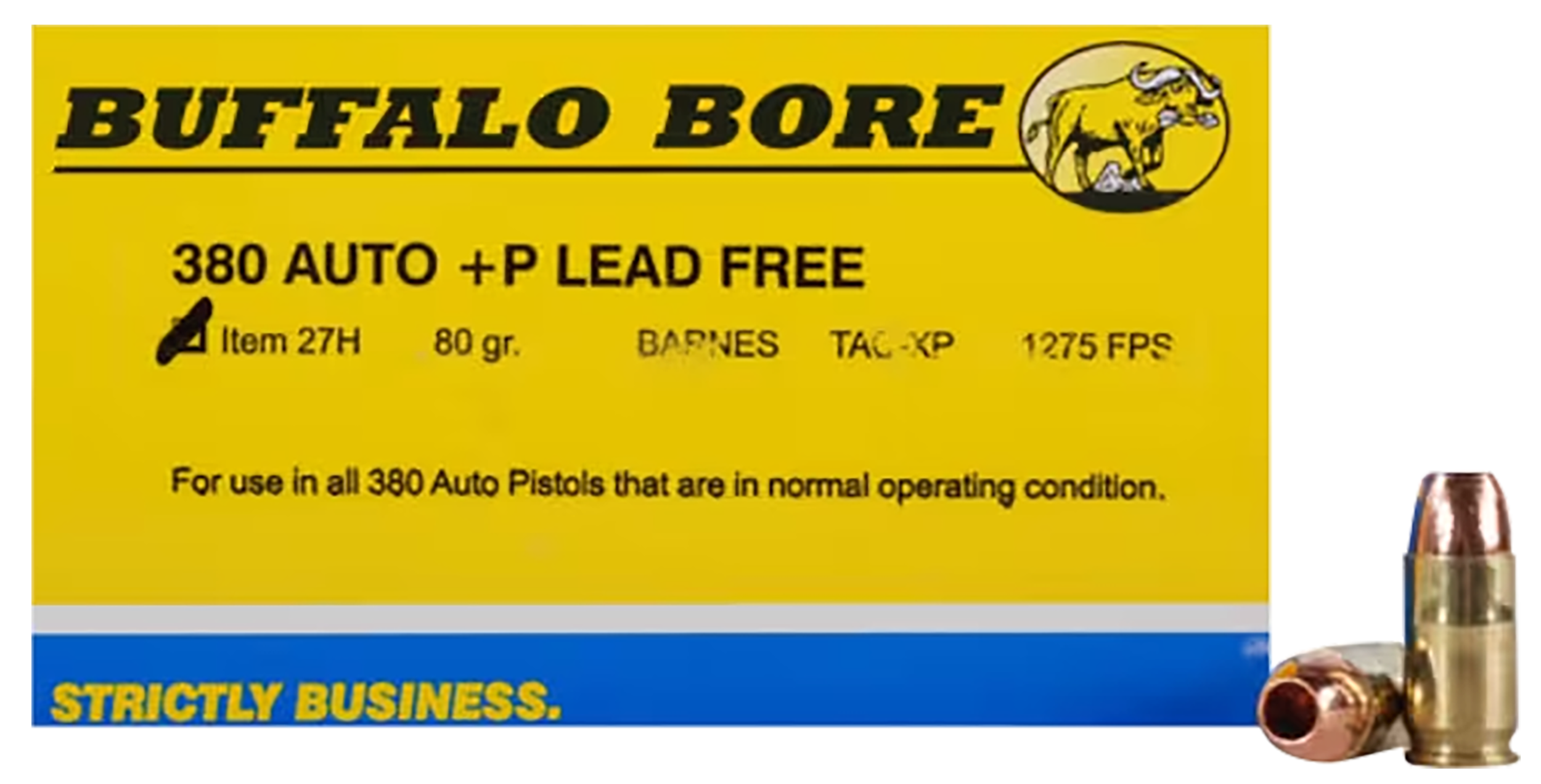 Buffalo Bore Ammunition 27H20 Buffalo-Barnes Strictly Business 380ACP +P 80gr Barnes TAC-XP Lead Free 20 Rounds