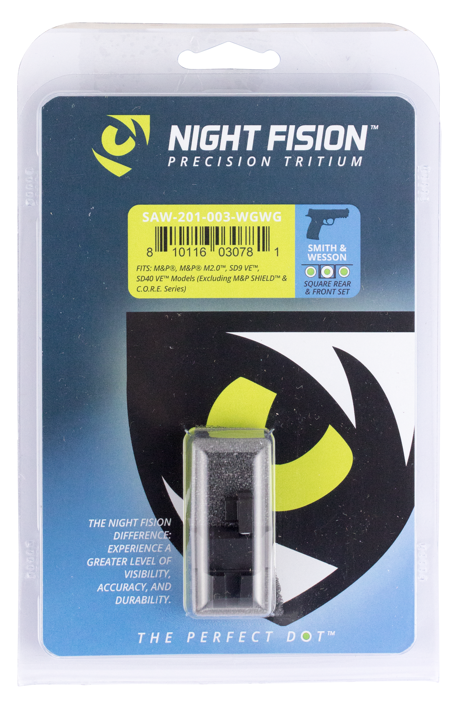Night Fision Night Sights for Smith & Wesson M&P M2.0 Green Tritium White Outline Front Rear Sights