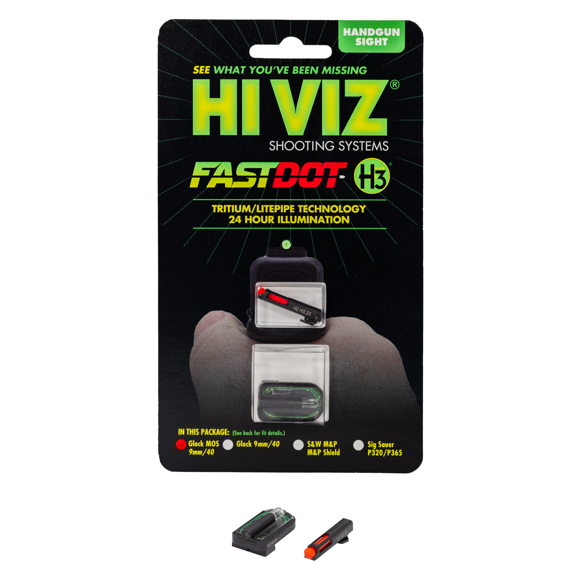 HiViz GLMFD21 Glock MOS Red Front Green Tritium Rear H3 Sight Set