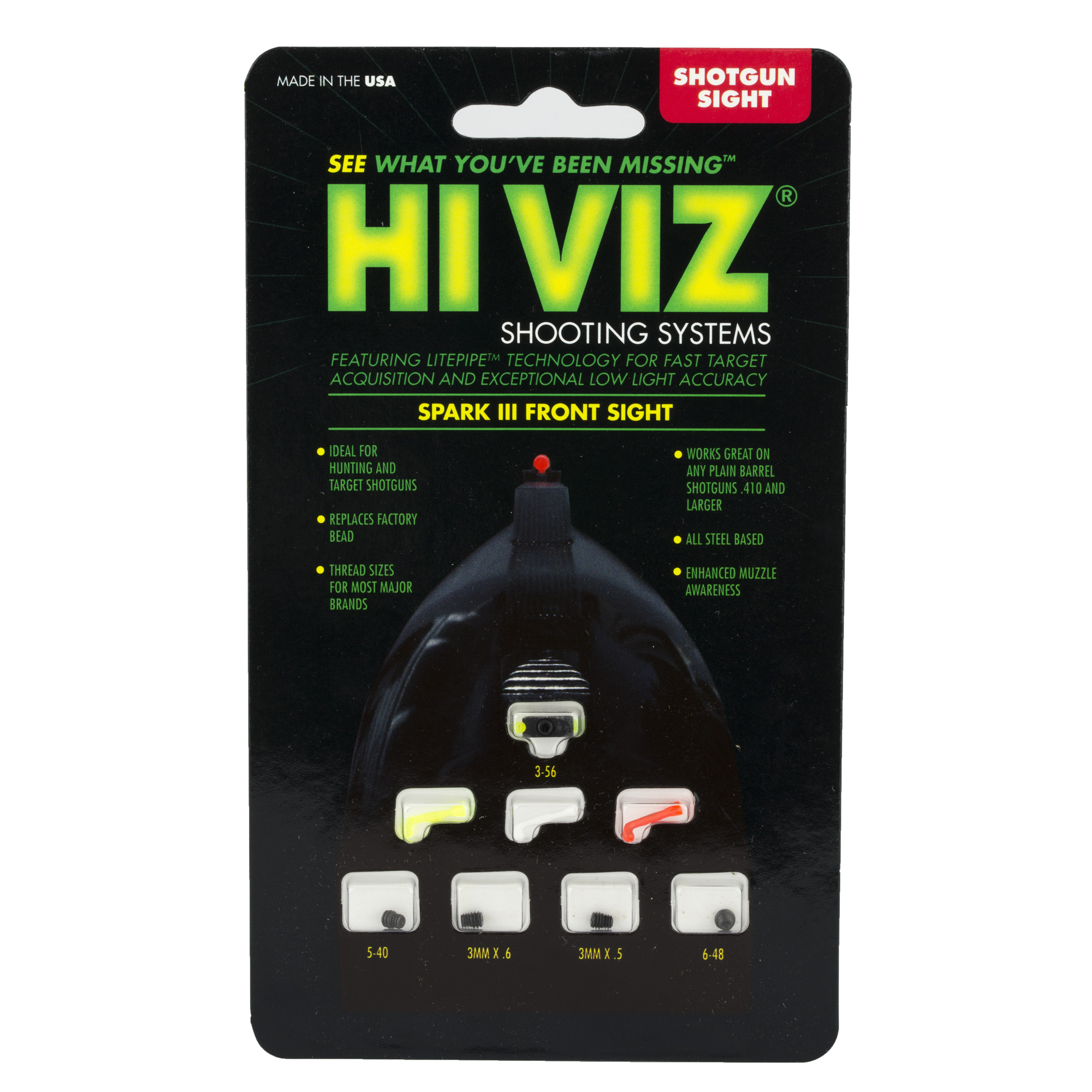 Hiviz Spark III Threaded Front Bead Shotgun Sight Red Green White LitePipe