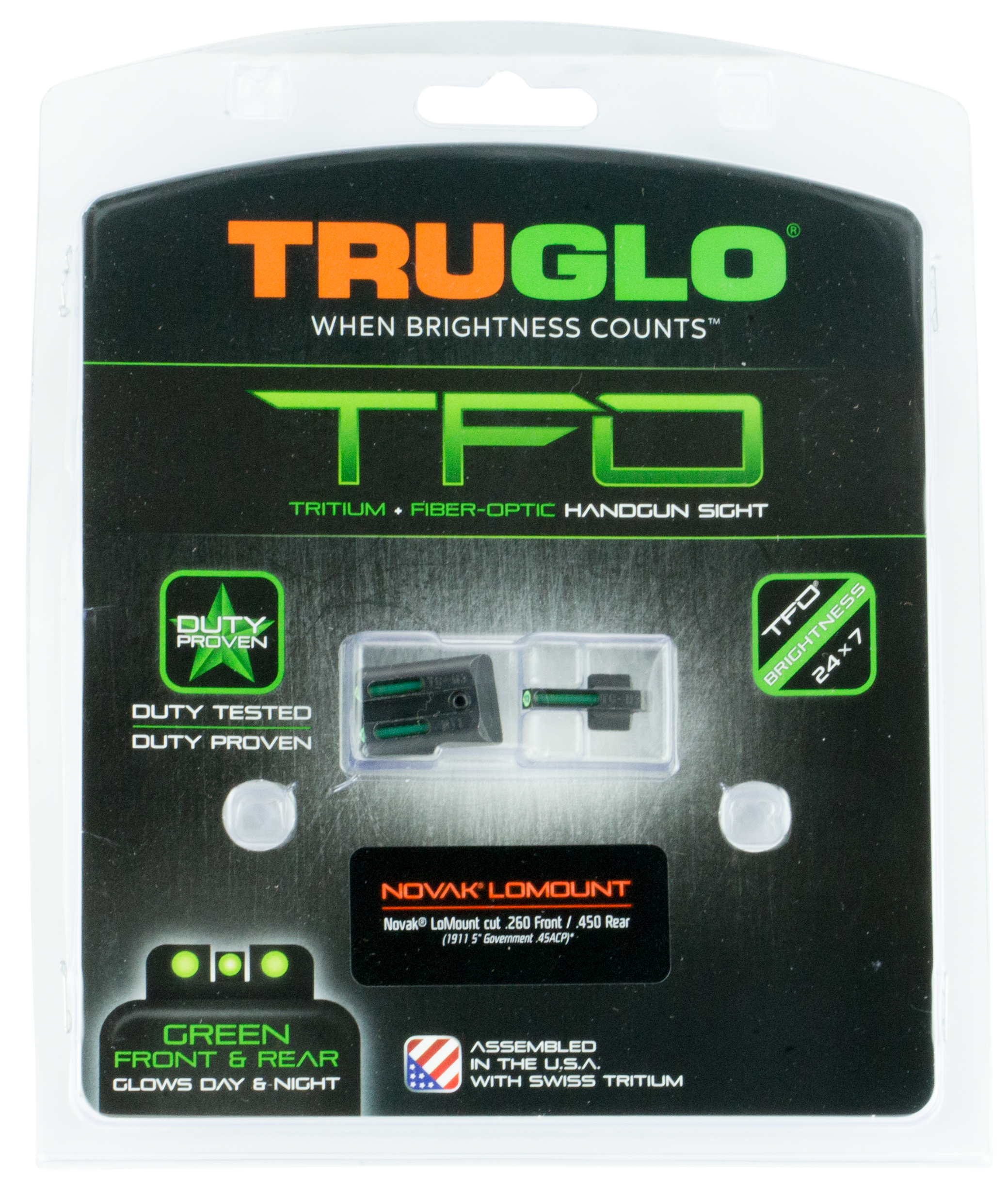 Truglo TFO Front Rear Sights for Novak LoMount Officer Commander Green Tritium