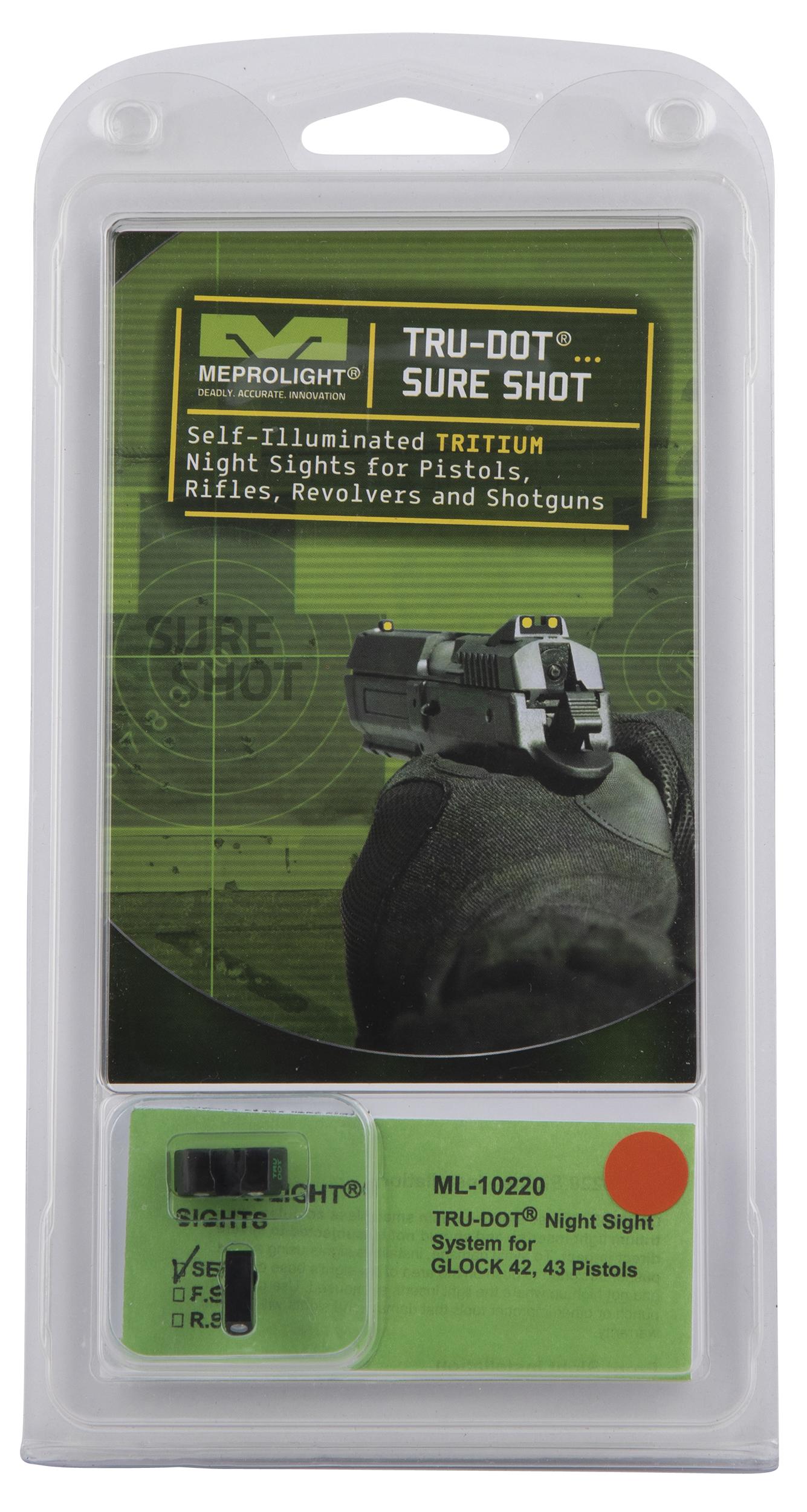 Meprolight Tru-Dot Green Front White Outline Orange Rear Glock 42 43 43X 48